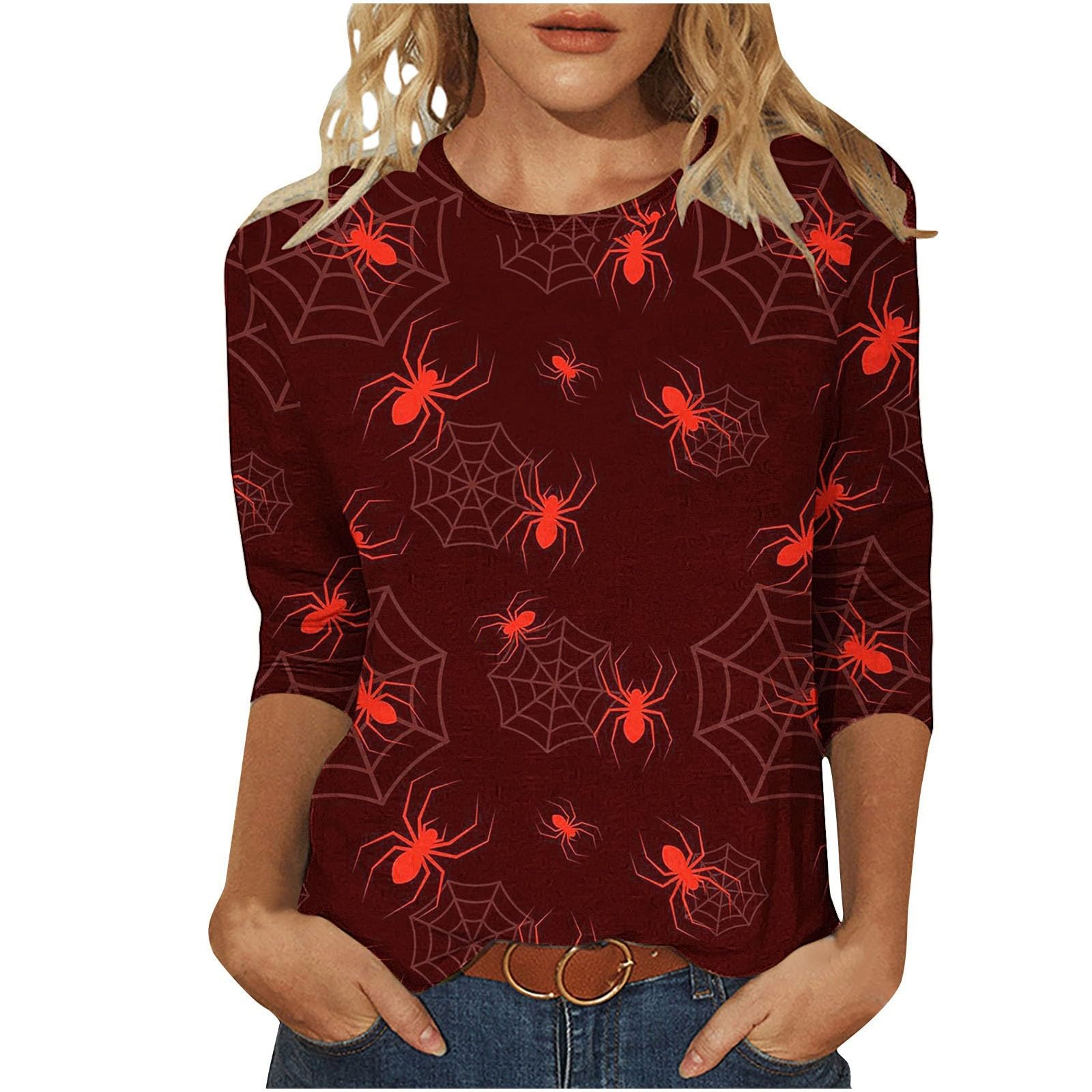 **Women's Halloween Tops 2024 – Plus Size 3/4 Sleeve Horror Spider Graphic Shirts for Women – Perfect for Halloween Parties & Spooky Events**