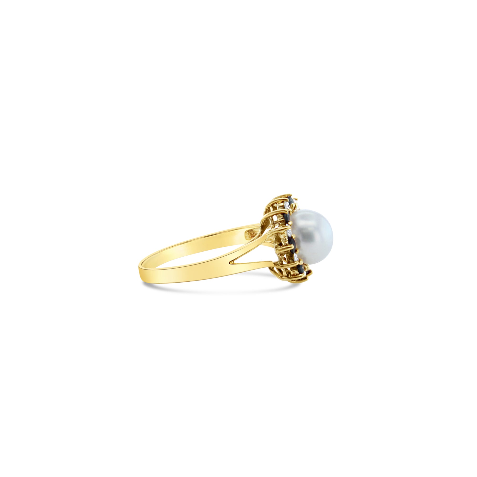 14K Yellow Gold Pearl and Diamond Sapphire Halo Ring - Elegant Bridal Jewelry for Weddings, Anniversaries & Special Occasions
