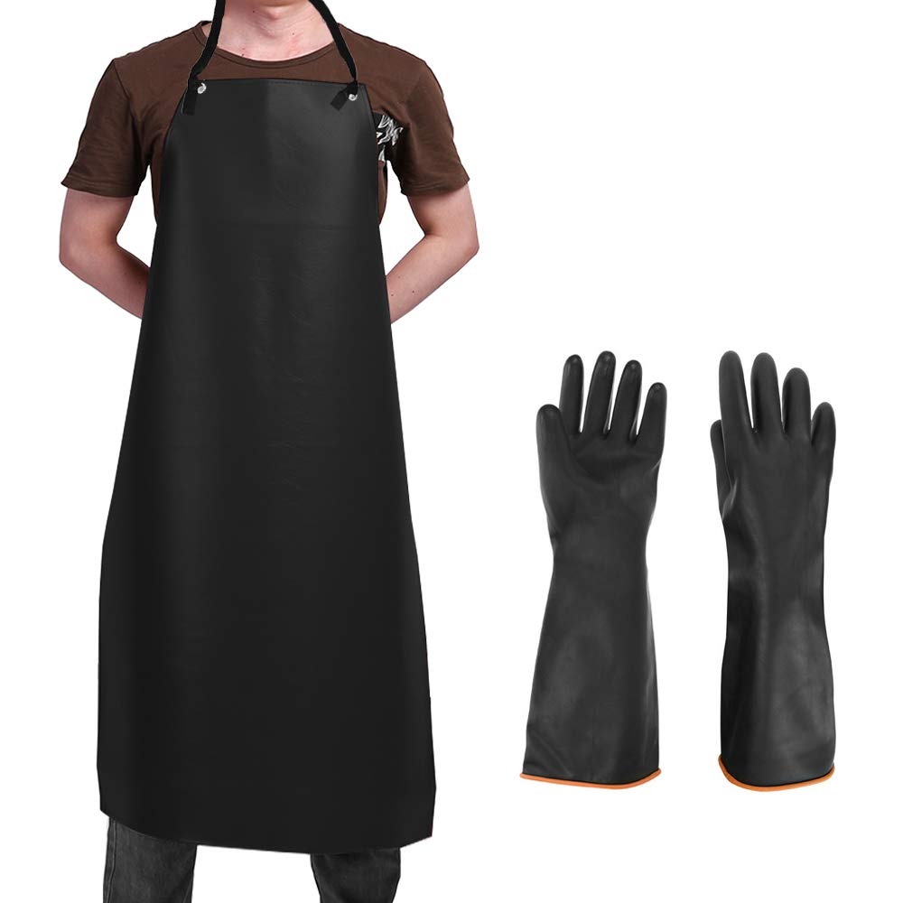 DaKuan Heavy Duty PU Apron & Latex Gloves Set - Waterproof, Acid/Alkali/Oil Resistant Protective Gear for Dishwashing, Lab Work, Butchering & Food Processing | Ideal for Kitchen, Laboratory & Industrial Use