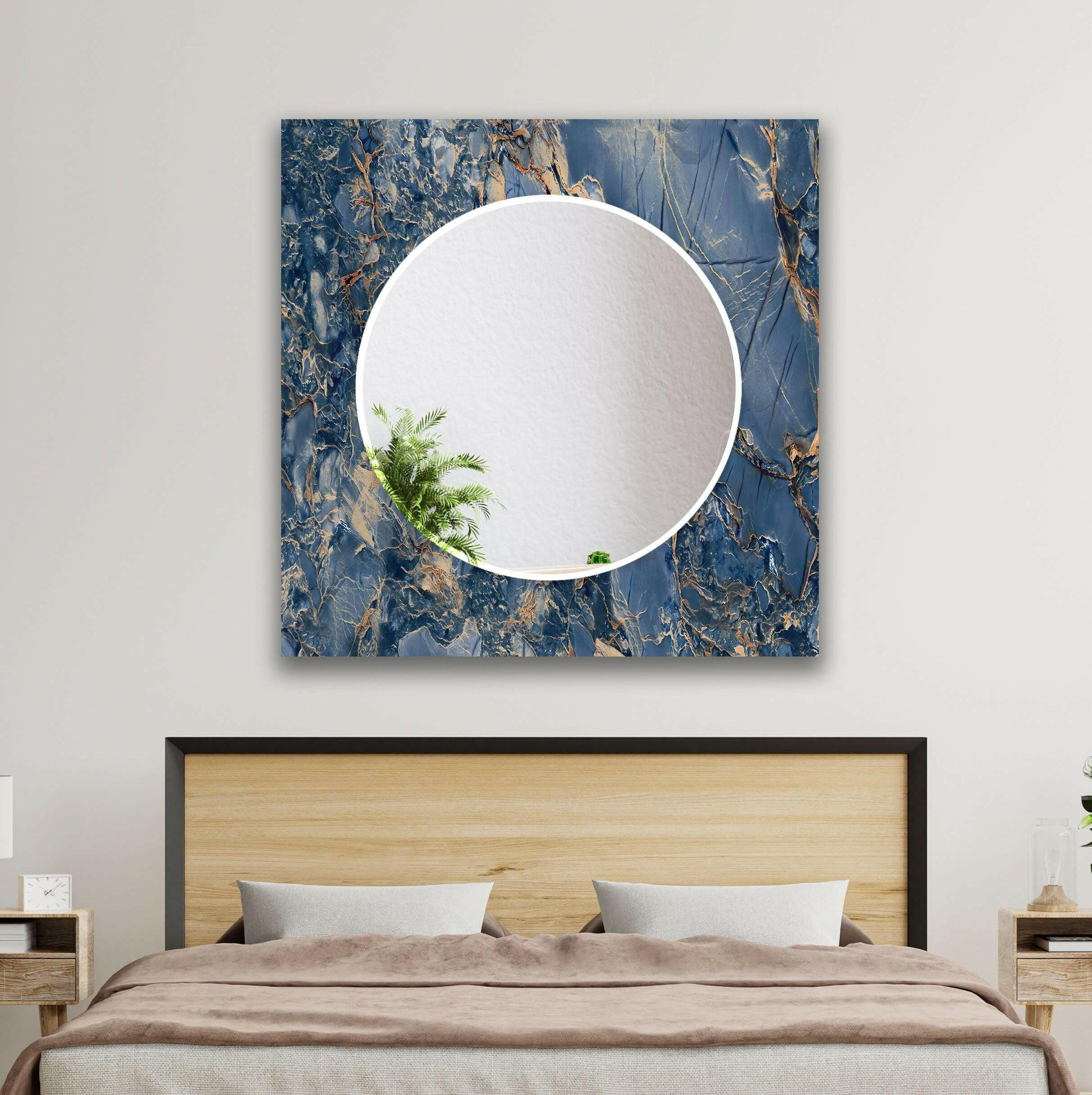 Blue & Brown Abstract Wall Mirror - Modern Decorative Mirror for Living Room, Bedroom, Entryway - Handmade Boho Home Decor Accent Piece