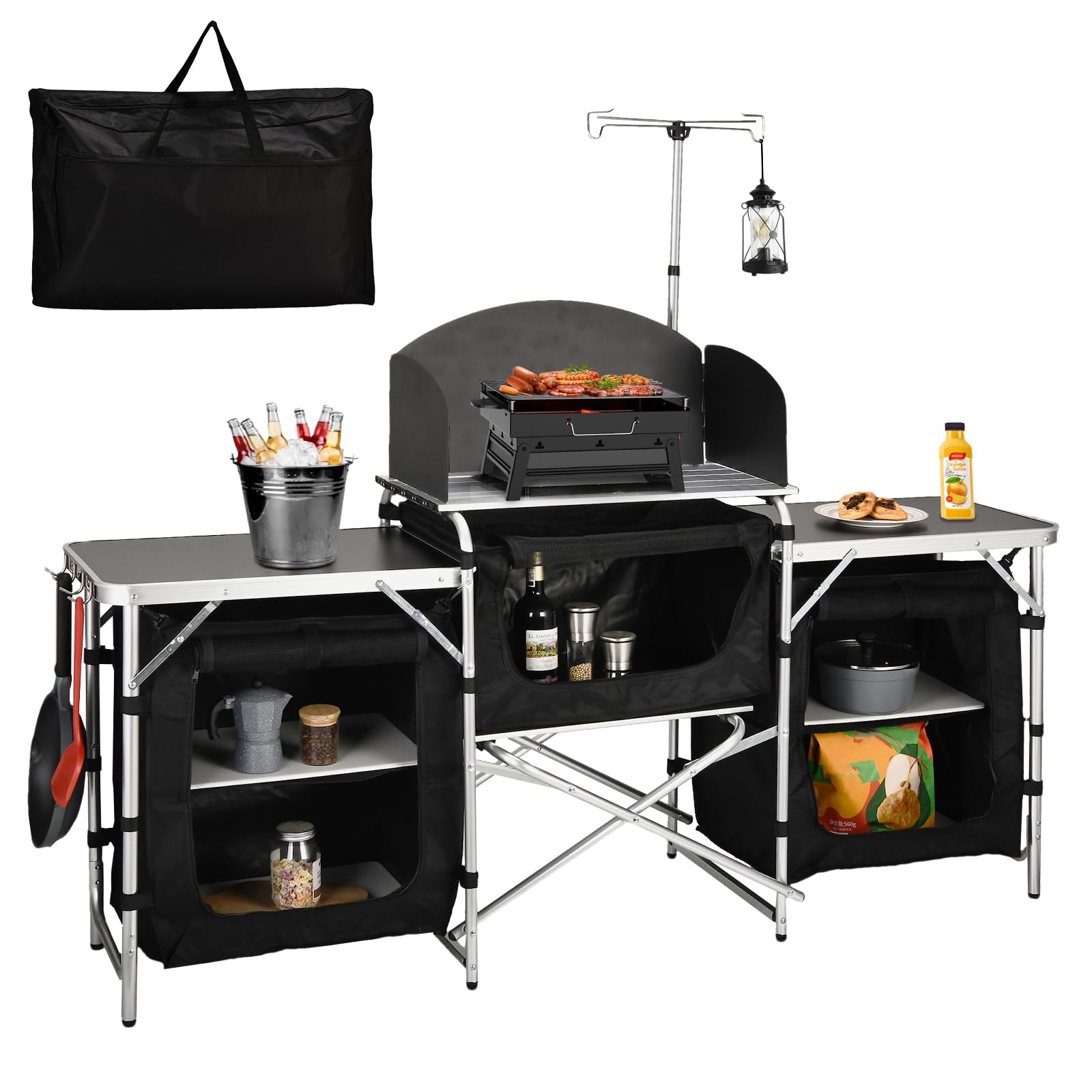 Portable Folding Camping Table with Storage Bag - 3-in-1 Outdoor Kitchen Station with Windshield & Storage Cupboards - Perfect for Camping, BBQ, Picnic, Backpacking & Outdoor Cooking Adventures