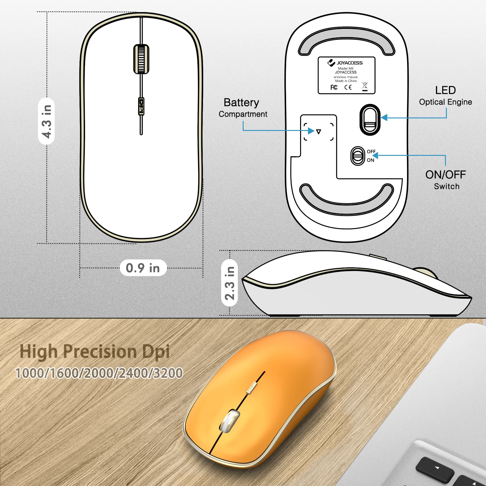 JOYACCESS J 2.4G Wireless Mouse - Silent Click, 3200 DPI Adjustable, Ergonomic Travel Mouse for Laptop, Chromebook, Mac, PC (Orange) - Perfect for Office, Home & Travel Use