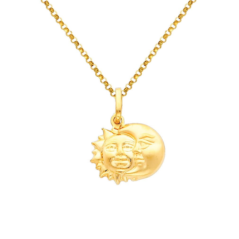 14K Yellow Gold Sun and Moon Charm Pendant Necklace with 1.2mm Rolo Chain - Perfect for Gifts, Everyday Wear, and Spiritual Jewelry Lovers