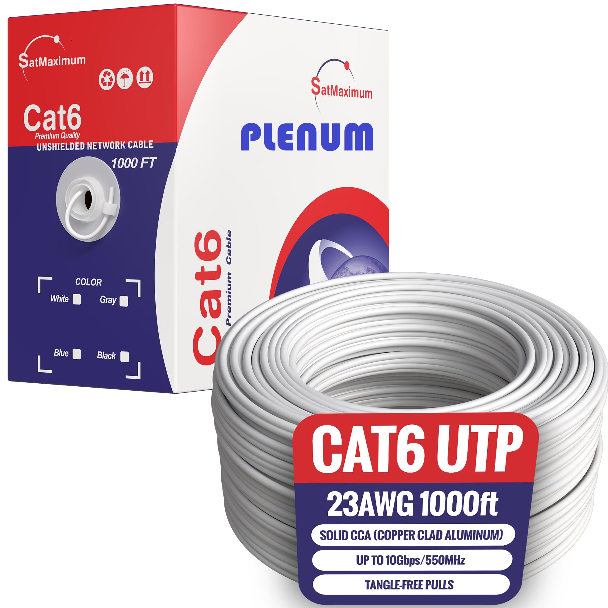 1000ft Plenum CMP CAT6 Ethernet Cable - Solid UTP 23AWG 550MHz LAN Network Wire - CCA (Copper Clad Aluminum) Bulk Pull Box - White | Ideal for Office Networking, Data Centers & Home Internet Setup