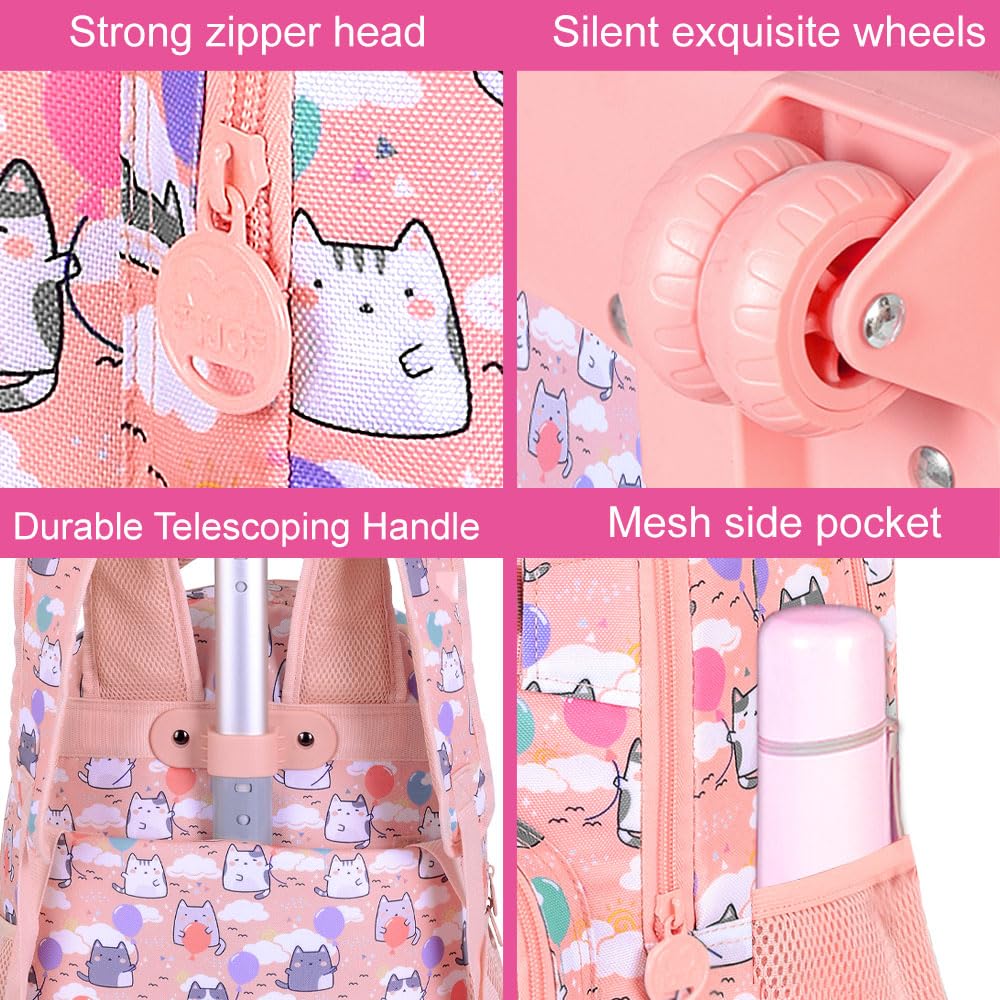**Girls Rolling Backpack Set - 3-Piece Pink Cloud Cat Wheeled School Bag with Lunch Box for Kids & Teens | Perfect for School, Travel, and Daily Commute**