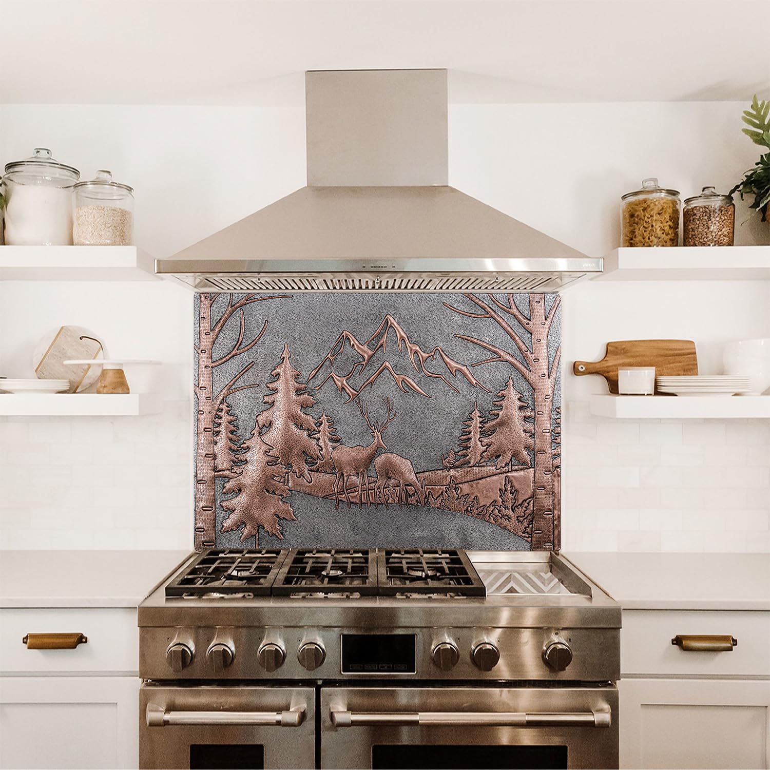 Handmade Custom Copper Kitchen Backsplash Panel - Pine Trees & Mountain Scenery with Deer Design - Indoor/Outdoor Wall Decor for Rustic Cabin, Farmhouse, or Modern Kitchen (Gray & Copper Finish)