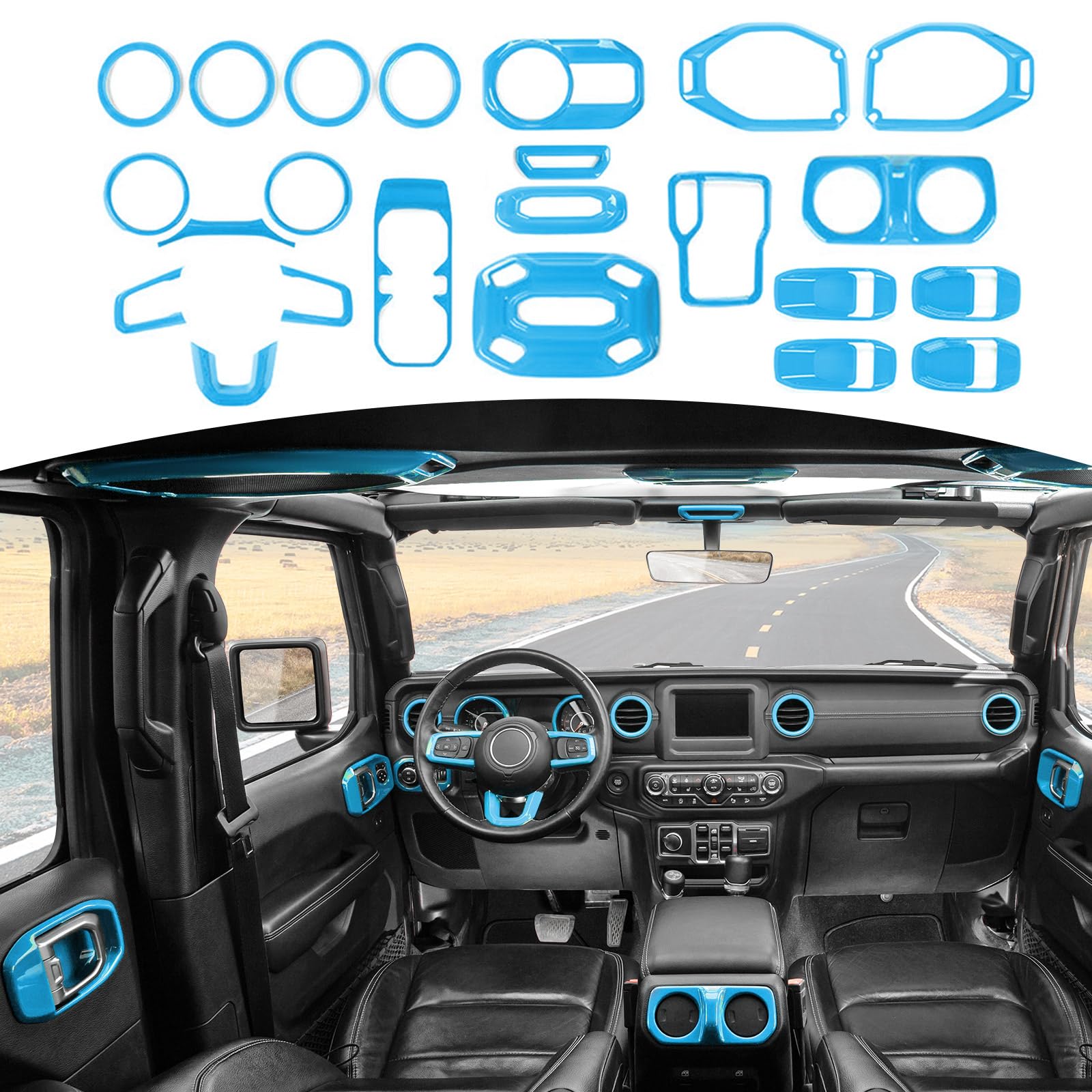 RT-TCZ Baby Blue Interior Trim Kit for Jeep Wrangler JL/JLU & Gladiator JT (2018-2023) - 23-Piece Interior Accessories Set | Upgrade Your Ride with Stylish Dash & Door Panel Covers for Off-Road Adventures & Daily Commutes