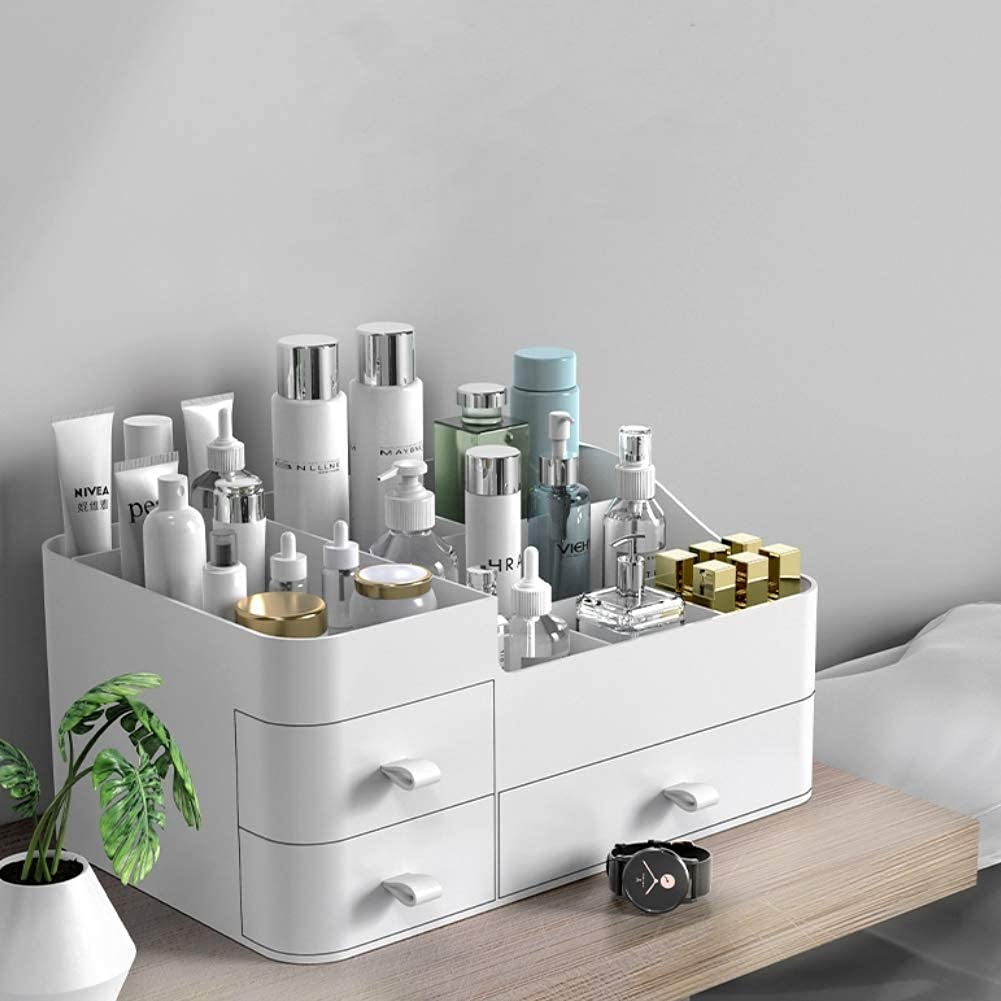 Large Makeup Organizer for Vanity with Drawers - Countertop Cosmetic Storage for Skin Care, Brushes, Eyeshadow, Lipstick & Nail Polish - Perfect for Dresser, Bathroom & Bedroom Organization (White) - Ideal for Daily Beauty Routine and Travel Makeup Storage