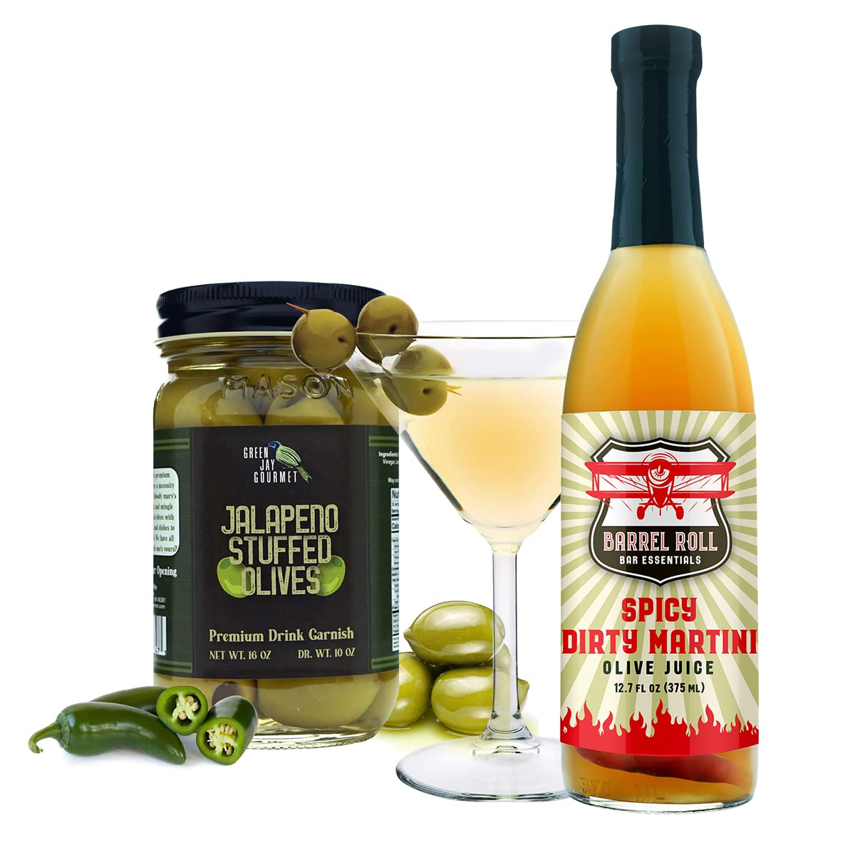 **Green Jay Gourmet Jalapeno Stuffed Olives – Large All-Natural Stuffed Green Olives (16 oz) – Perfect for Dirty Martinis, Cocktail Garnish & Cheese Boards – Spicy Gourmet Olives for Parties & Charcuterie**