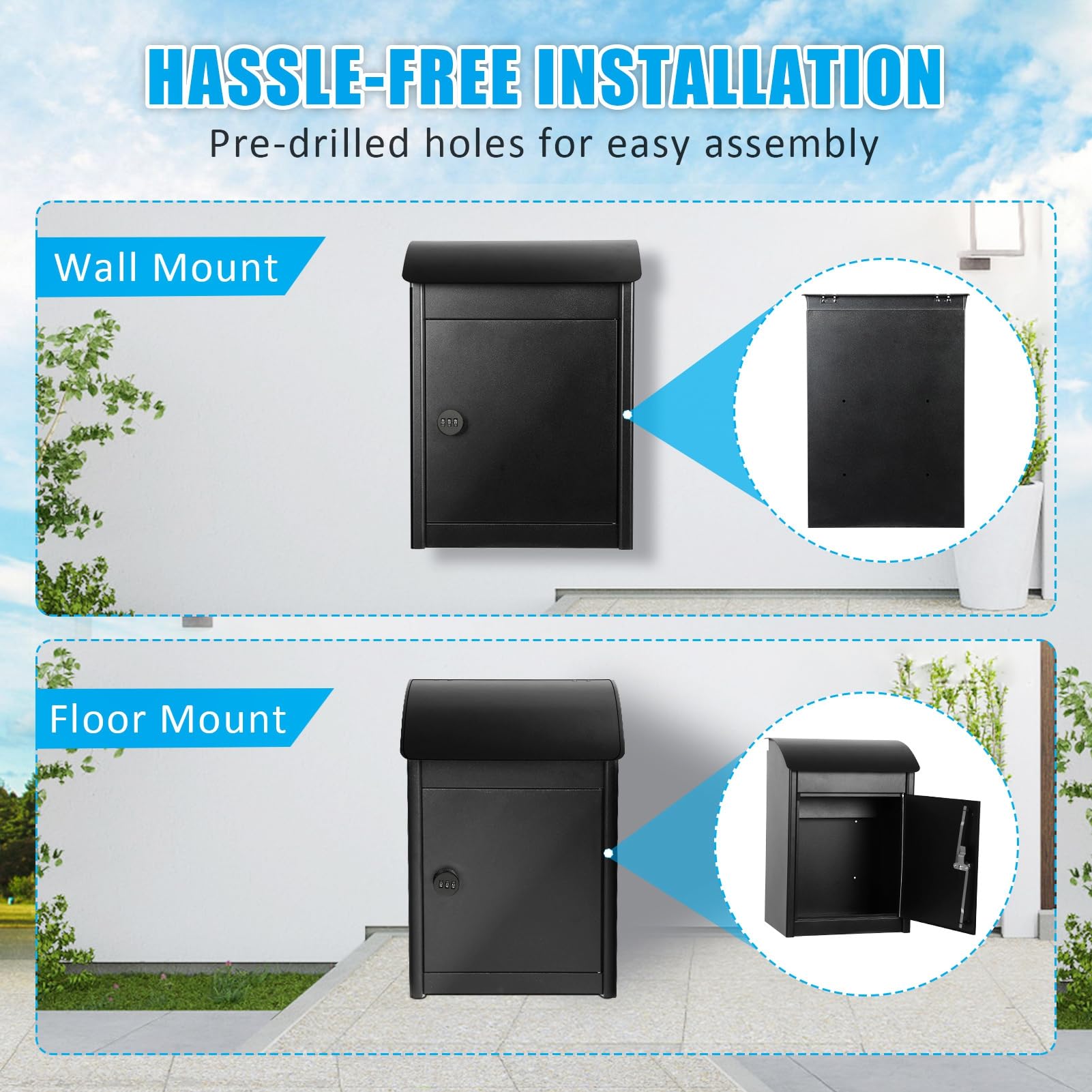 Large Lockable Wall Mounted Package Delivery Box for Outside - Secure Parcel Drop Box with Anti-Theft Baffle - Outdoor Storage Mailbox for Packages (Black) - Perfect for Porch, Front Door & Apartment Building Package Security