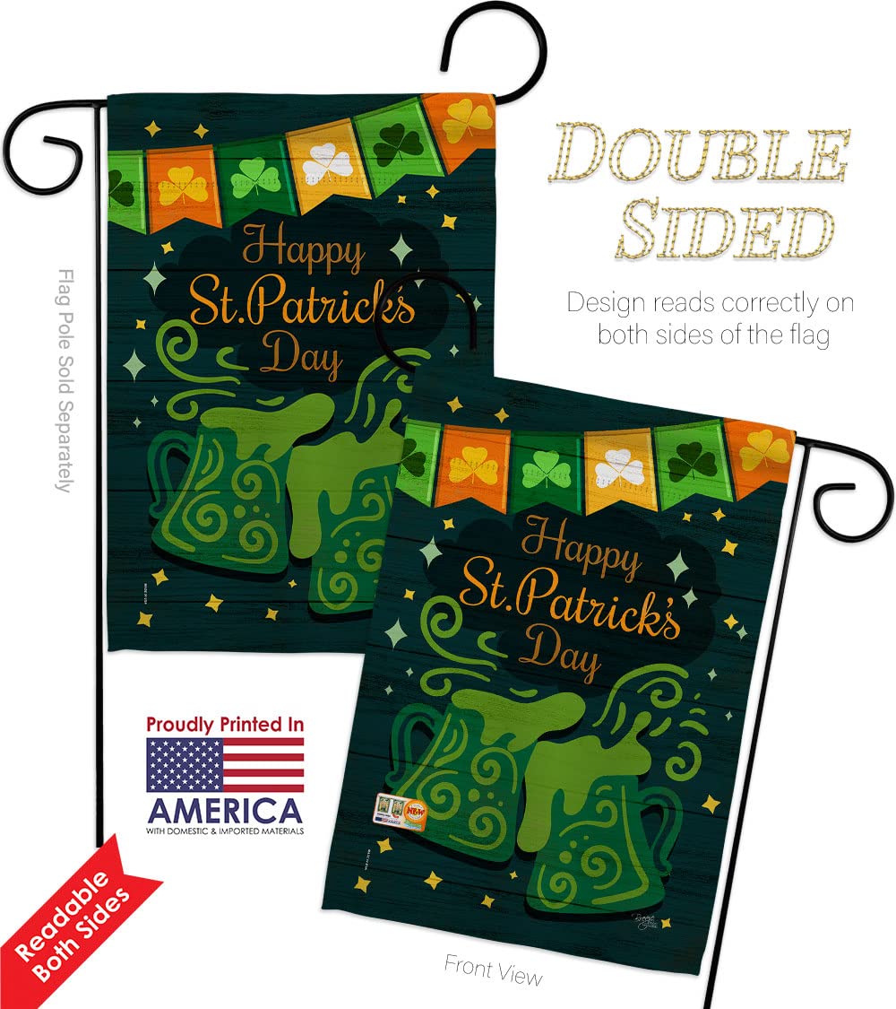 St. Patrick's Day Garden Flag Set with Stand - Double-Sided 13x18.5 Inch Shamrock Leprechaun Lucky Coin Design - Spring Yard & House Decoration - Made in USA - Perfect for Irish Holiday Celebrations, March Festivities & Outdoor Decor