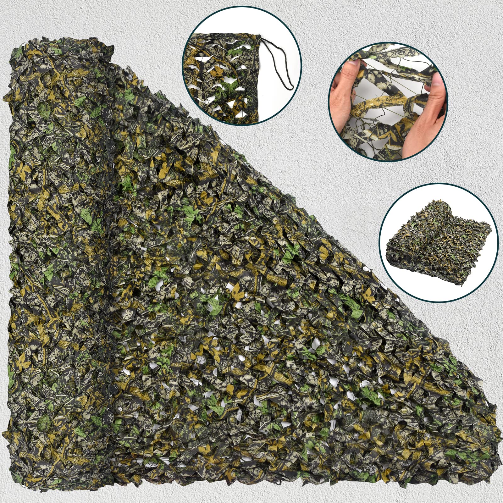 iunio Camouflage Netting - Military Grade Silent Camo Net, Large Bulk Roll Mesh for Hunting Blind Cover, Backdrop, Camo Themed Party, Sun Shade & Outdoor Camping | Durable Mesh Backing for Concealment & Protection