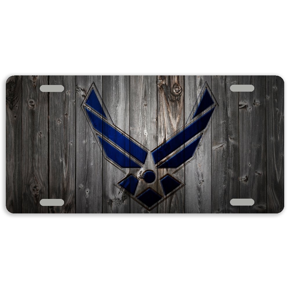 US Air Force Logo License Plate Cover - 12 x 6 Inches Wood & Metal Car Tag with 4 Holes - Perfect for Military Supporters, Veterans, and Patriotic Car Decor