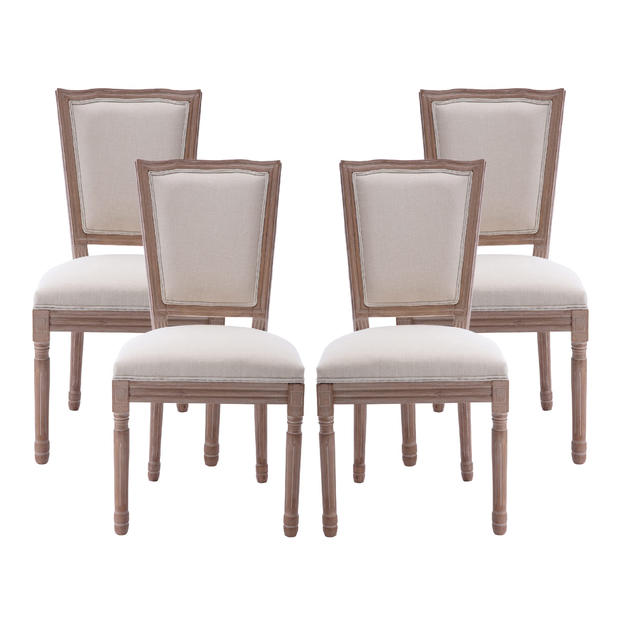 French Country Dining Chairs Set of 4 - Farmhouse Fabric Upholstered Square Back Chairs with Brown Wood Legs | French Bistro Style for Dining Room, Living Room, Kitchen & Restaurant | Perfect for Farmhouse Decor, Cottage Style Homes & Cozy Breakfast Nooks (Beige)