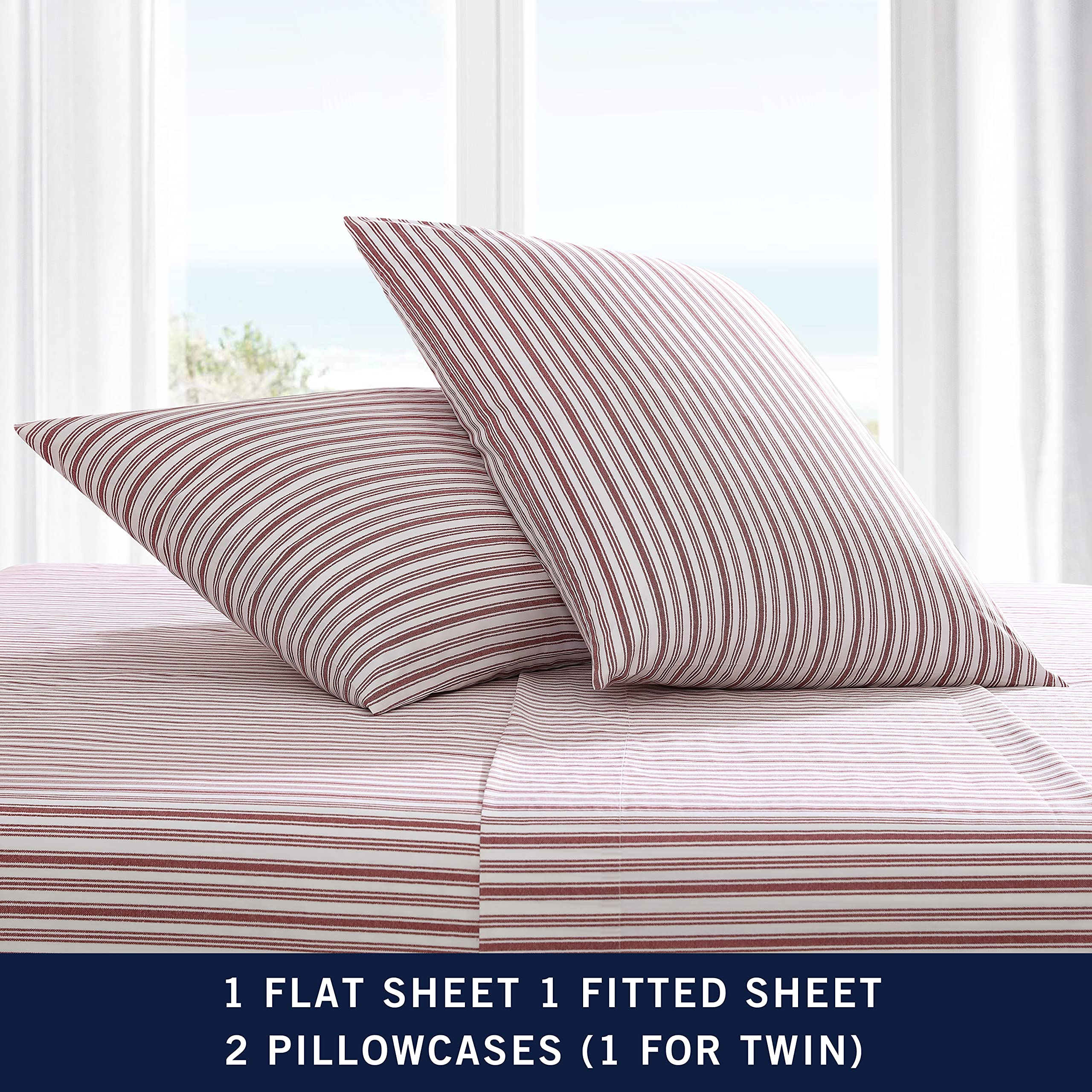 Nautica King Cotton Percale Sheets - Red Striped Bedding Set for Cozy Home Decor