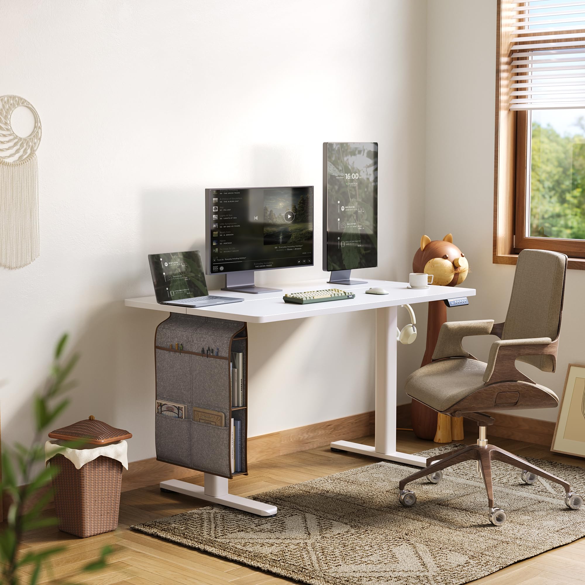 Claiks 48x24 Inch Electric Standing Desk - Adjustable Height, Spacious Storage Bag & Headphone Hook - White Sit Stand Desk for Home Office, Gaming & Study Workstation - Perfect for Remote Work & Ergonomic Workspaces