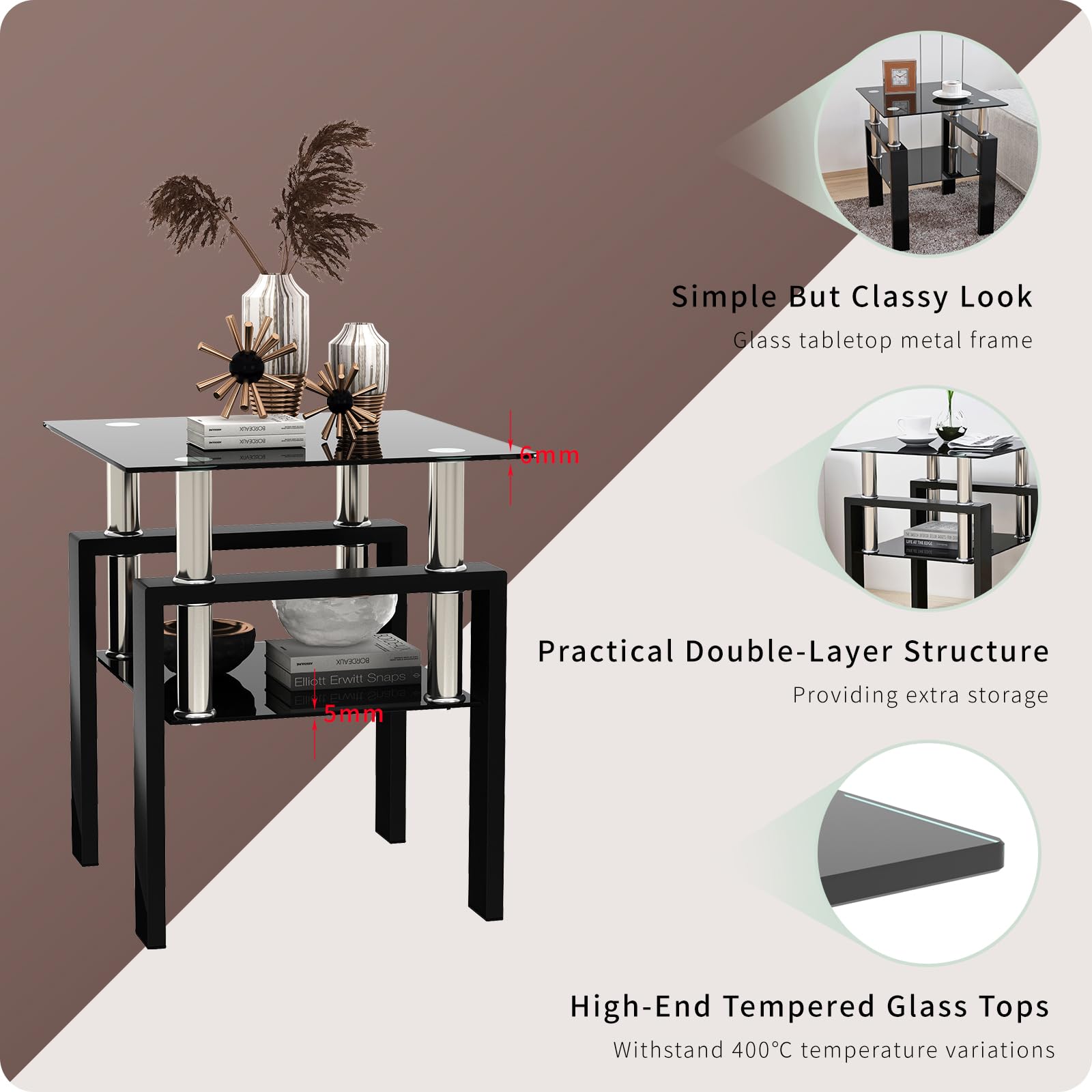 Modern Black Glass Coffee Table Set - 3 Piece Living Room Furniture with Metal Frame & Tempered Glass (1 Coffee Table + 2 End Tables) - Perfect for Small Spaces, Apartments, Home Offices - Ideal for Living Room Decor, Family Gatherings & TV Lounge Areas