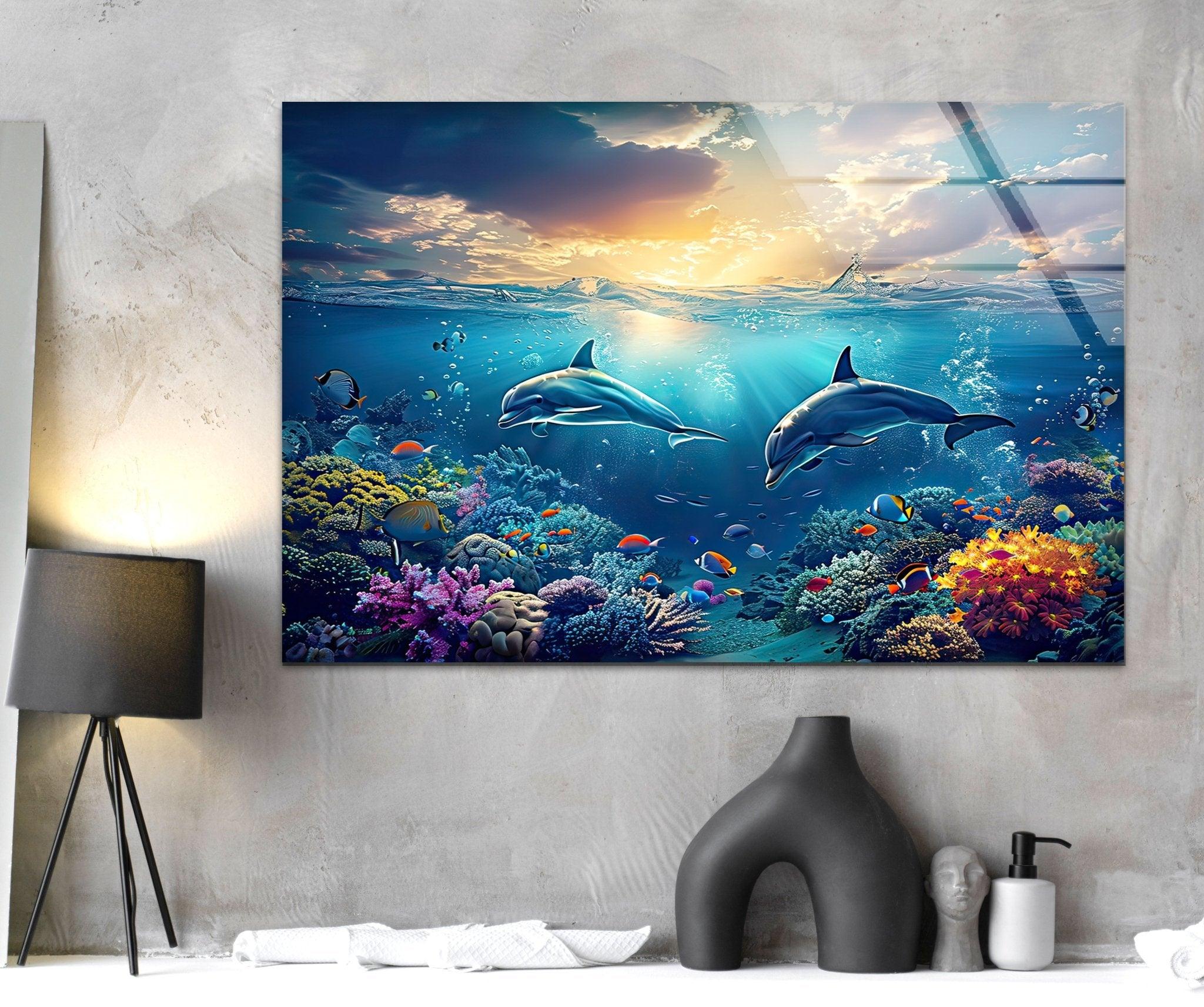 Stunning Dark Blue Dolphins Glass Wall Art - Handmade Ocean Themed Decor for Living Room, Bedroom & Office