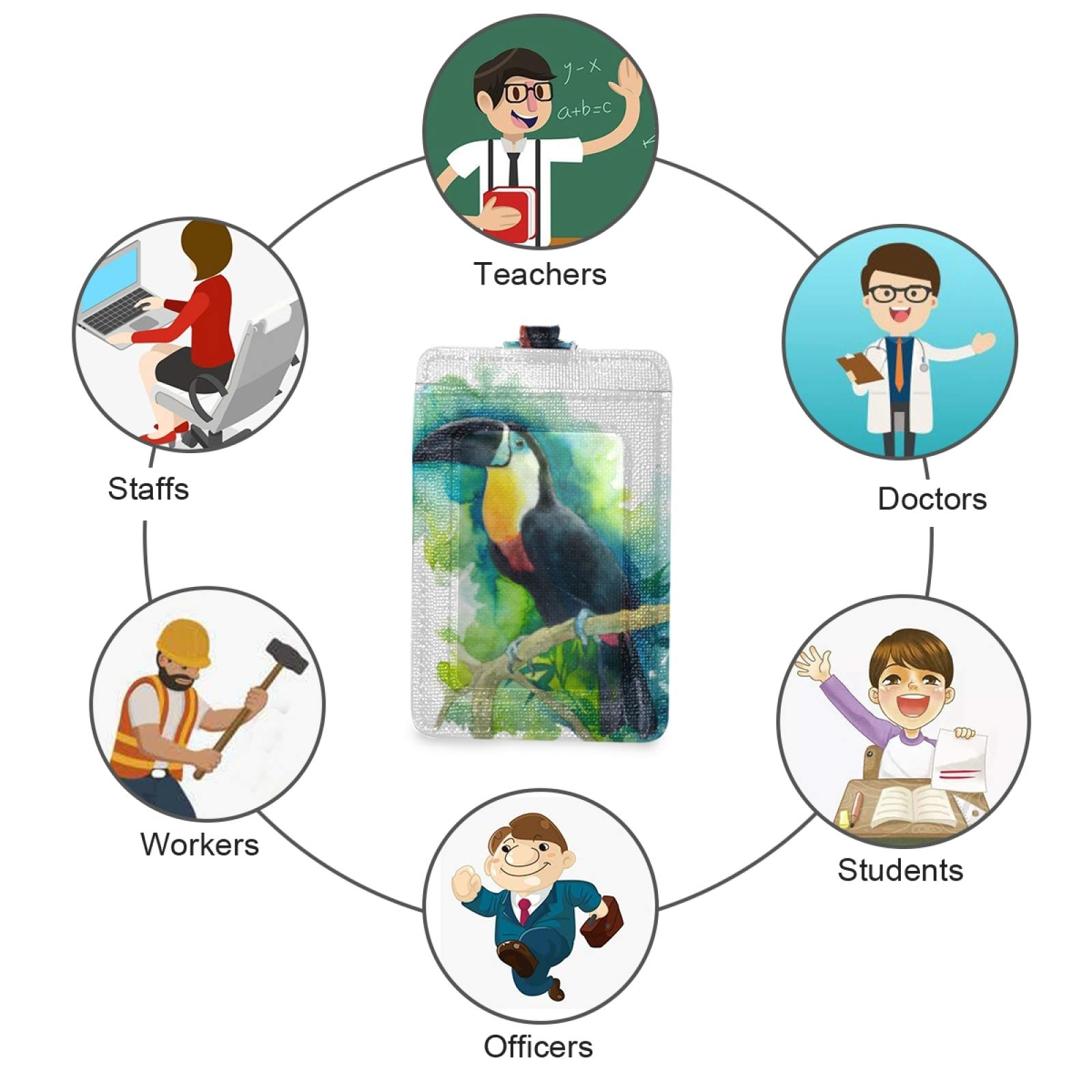 Vertical Leather ID Badge Holder with Lanyard - Watercolor Toucan Design for Office & School Staff