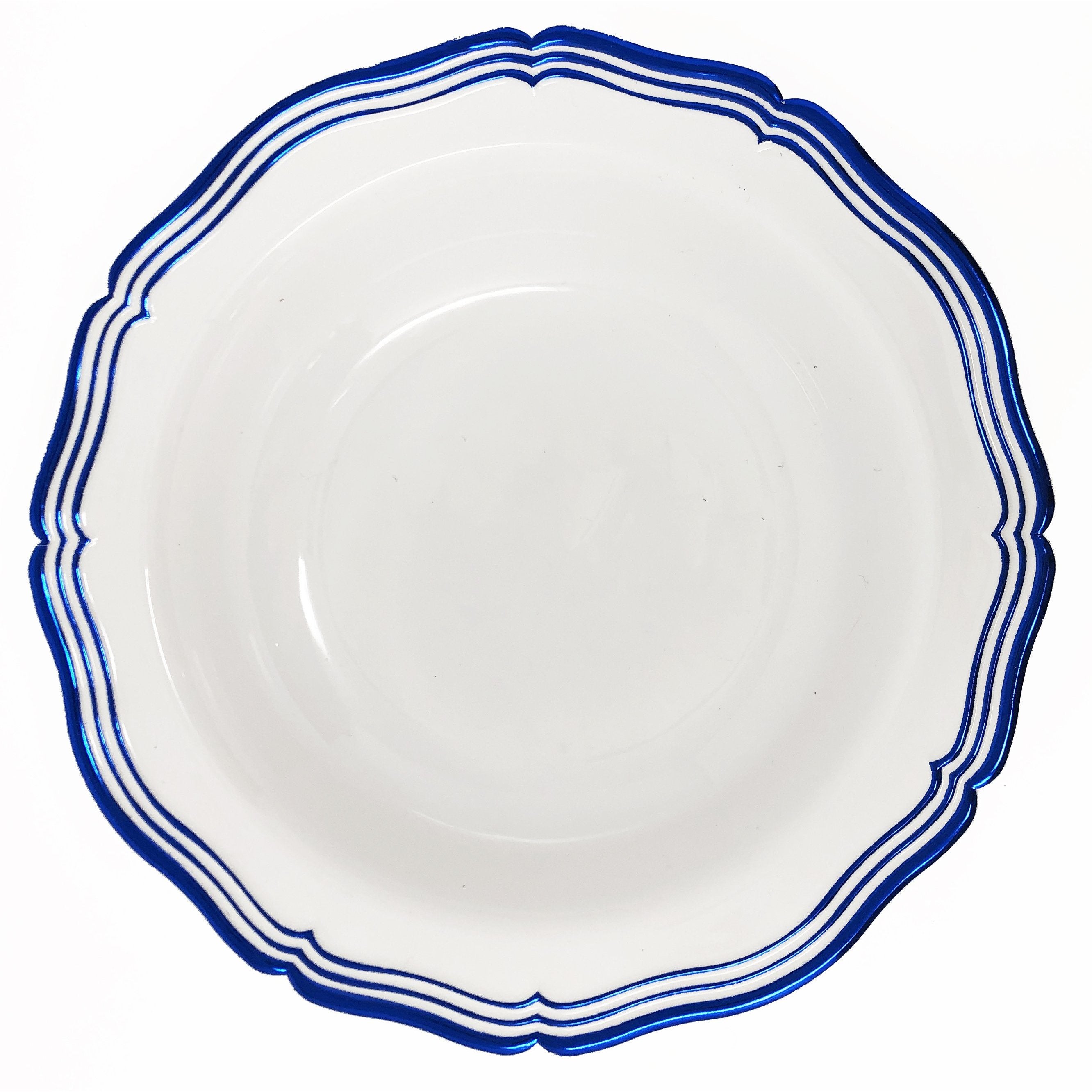 10 Pack Blue and White Round Plastic Plates - Durable Disposable Dinnerware for Parties, Picnics & Outdoor Events - Aristocrat Brand
