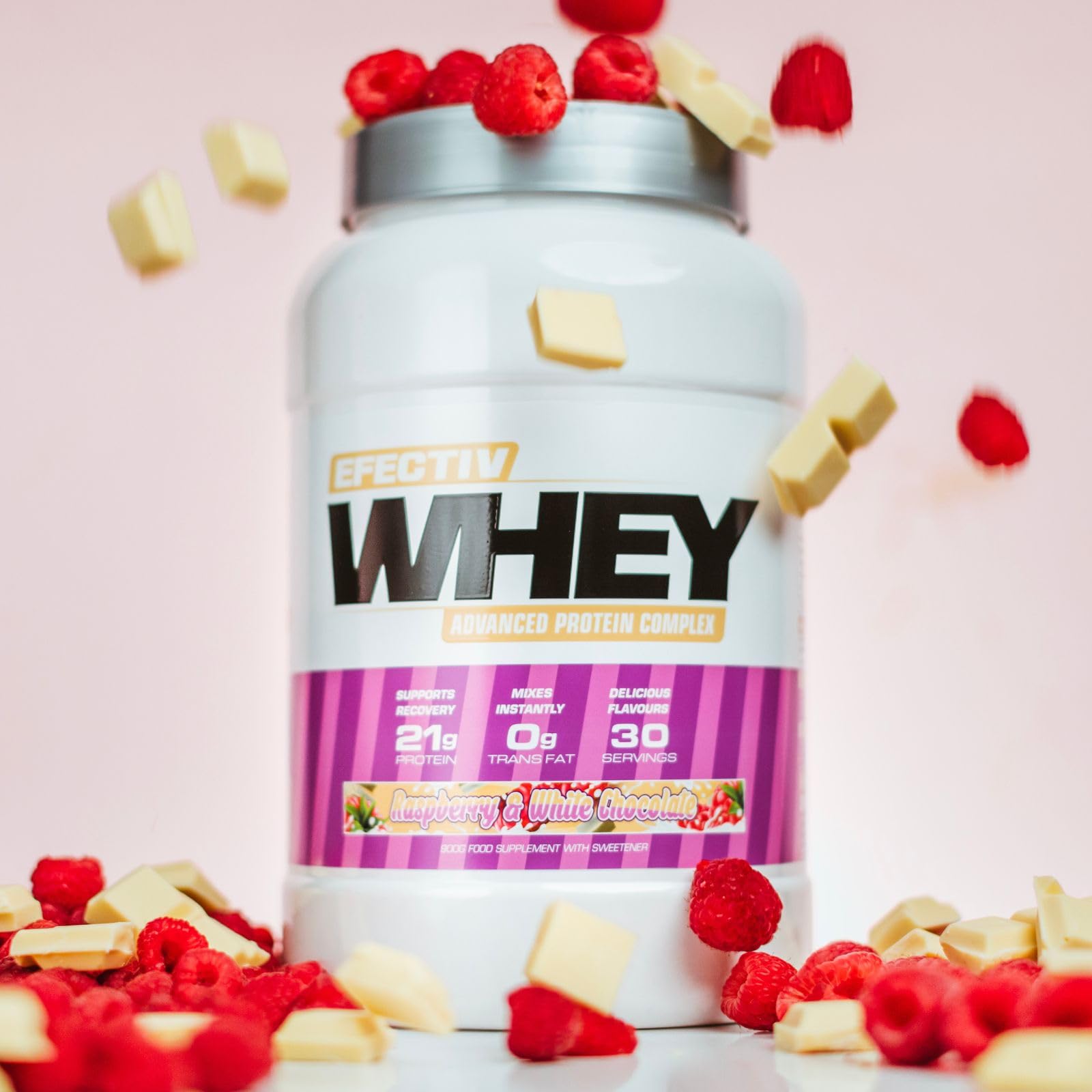 Efectiv Nutrition Whey Protein Powder 900g - Raspberry White Chocolate Flavor - High Protein Supplement for Muscle Recovery & Workout - Perfect for Post-Workout Shakes & Healthy Snacks