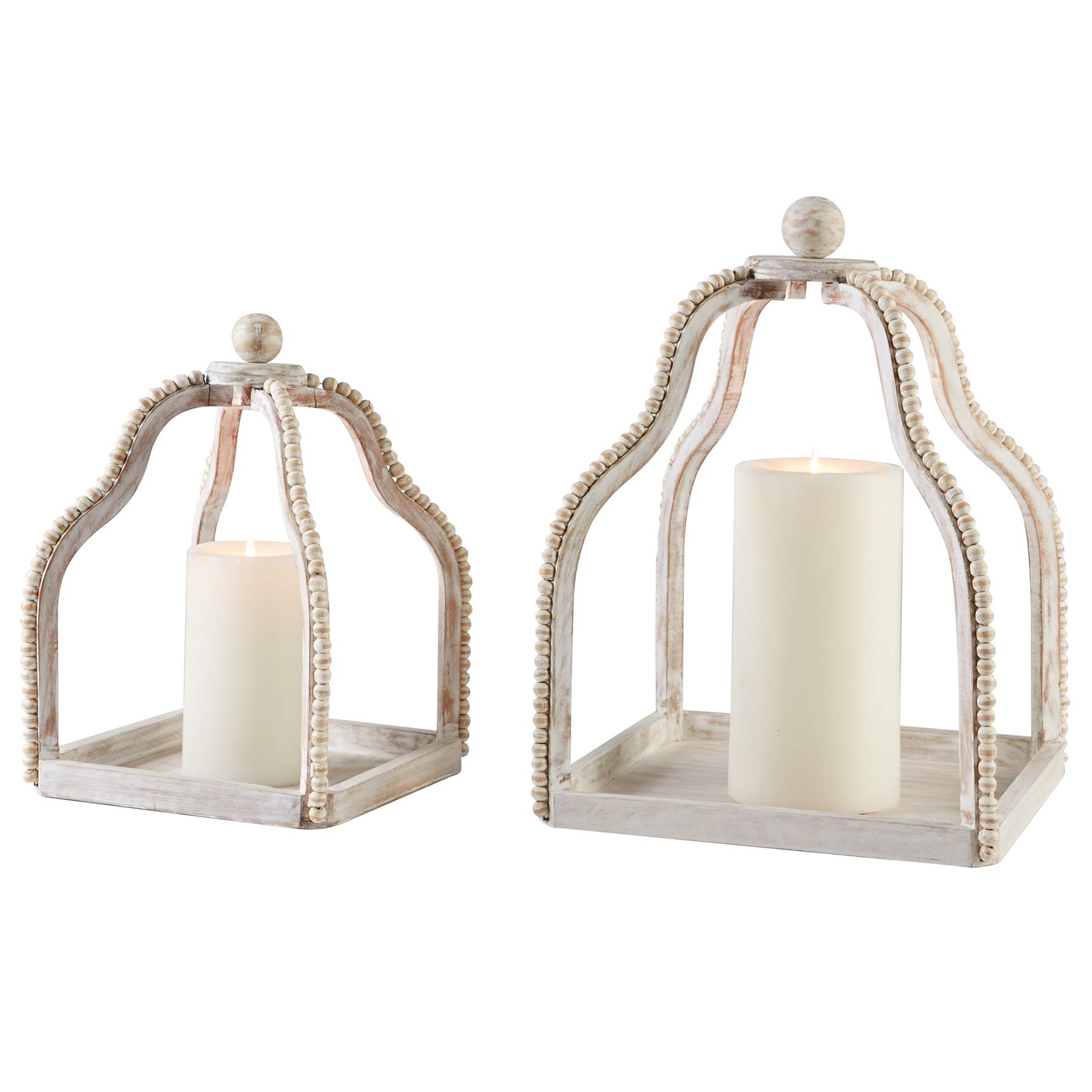 Distressed White Wash Wood Beaded Lantern Set by Mud Pie - Rustic Farmhouse Decor for Patio, Garden, Wedding & Home Decoration