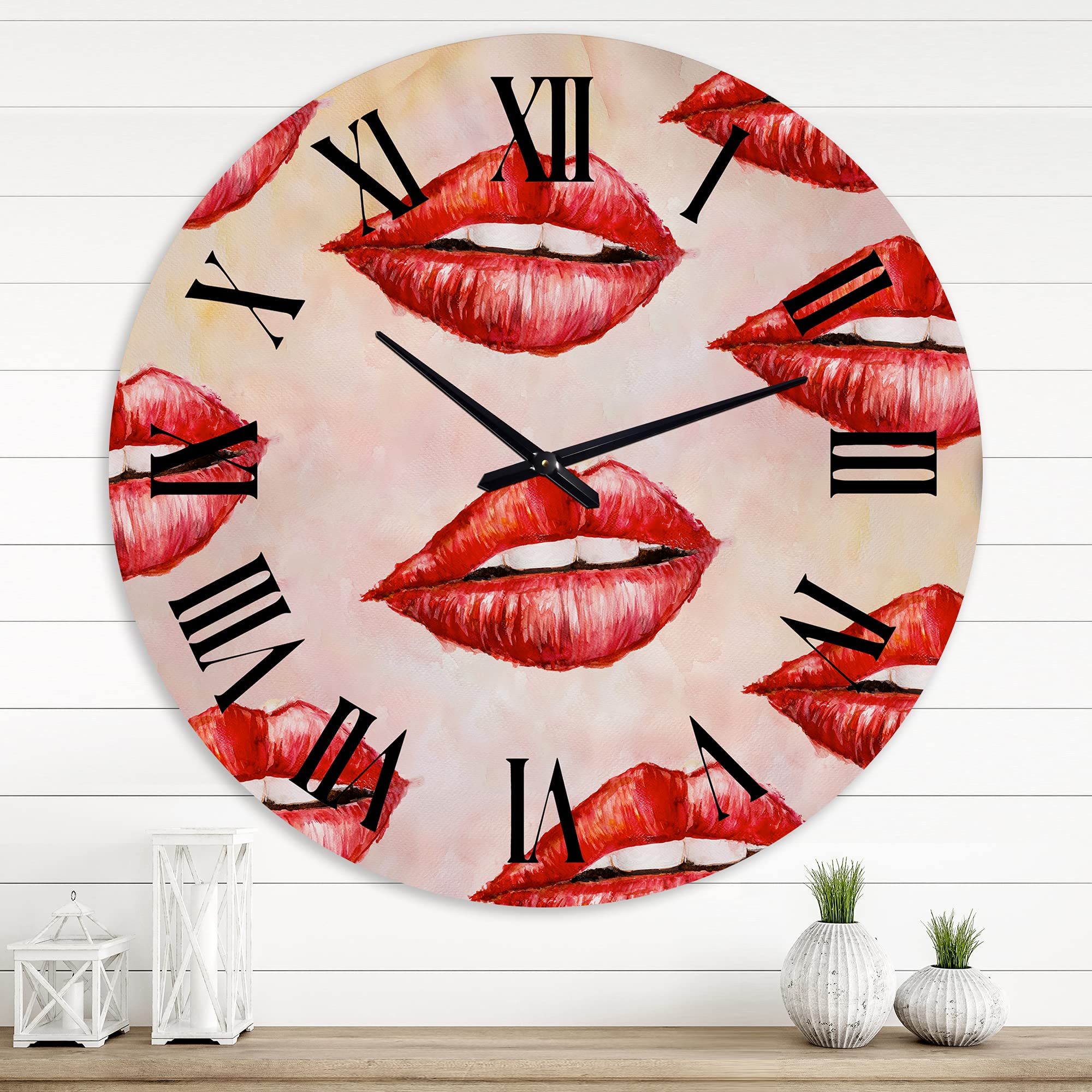 DesignQ Modern Red Woman Lips Pattern Large Wall Clock - Stylish Living Room Decor for Home & Office | Perfect for Bedroom, Kitchen, and Dining Area