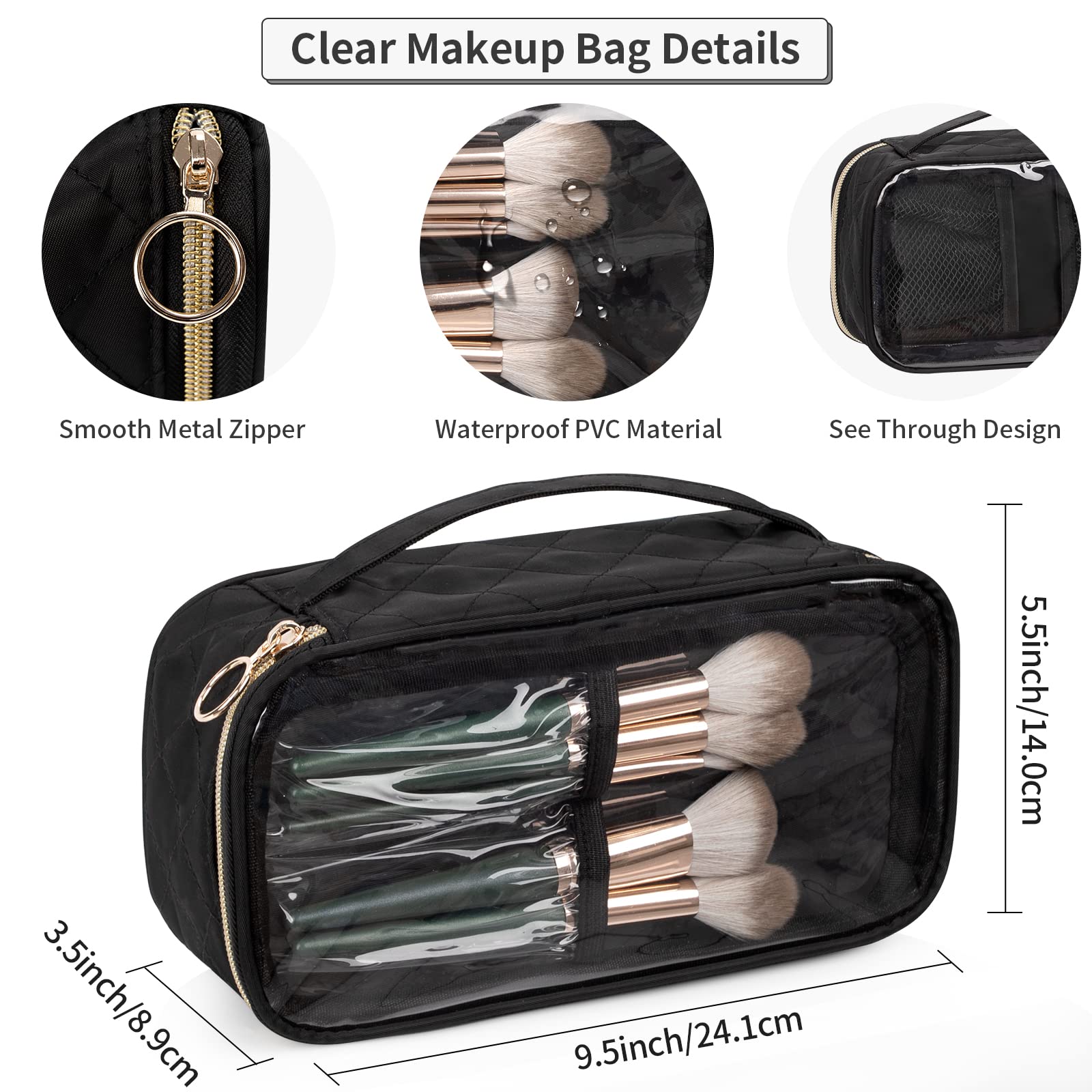 OCHEAL Clear Makeup Bag Organizer for Women - Travel Cosmetic Pouch with Brush Compartment & Divider - Portable Cute Makeup Case for Girls (Black) | Perfect for Travel, Gym & Daily Beauty Essentials