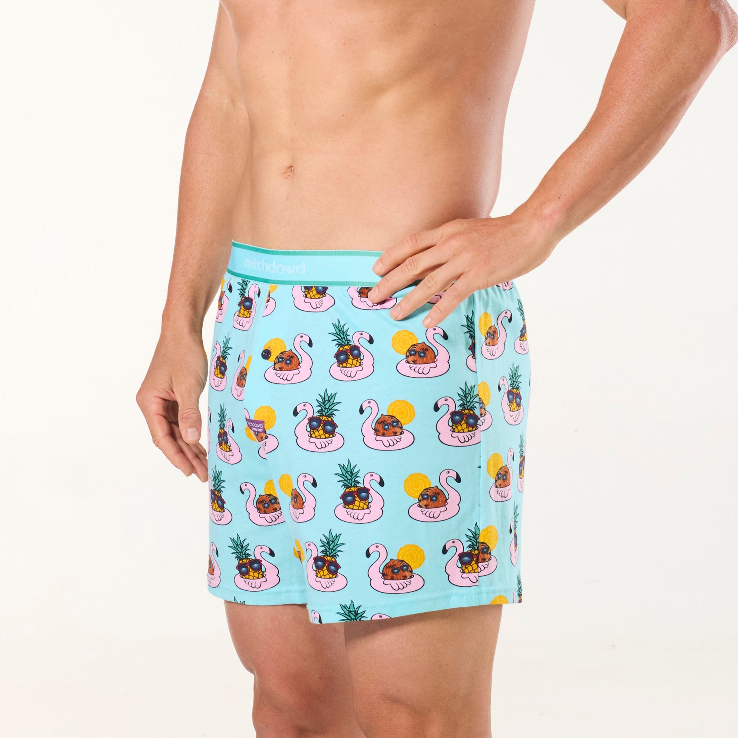 Men's Flamingo Colada Cotton Loose Fit Knit Boxer Shorts - Breathable & Comfortable Underwear for Sleep, Lounge & Vacation - Blue