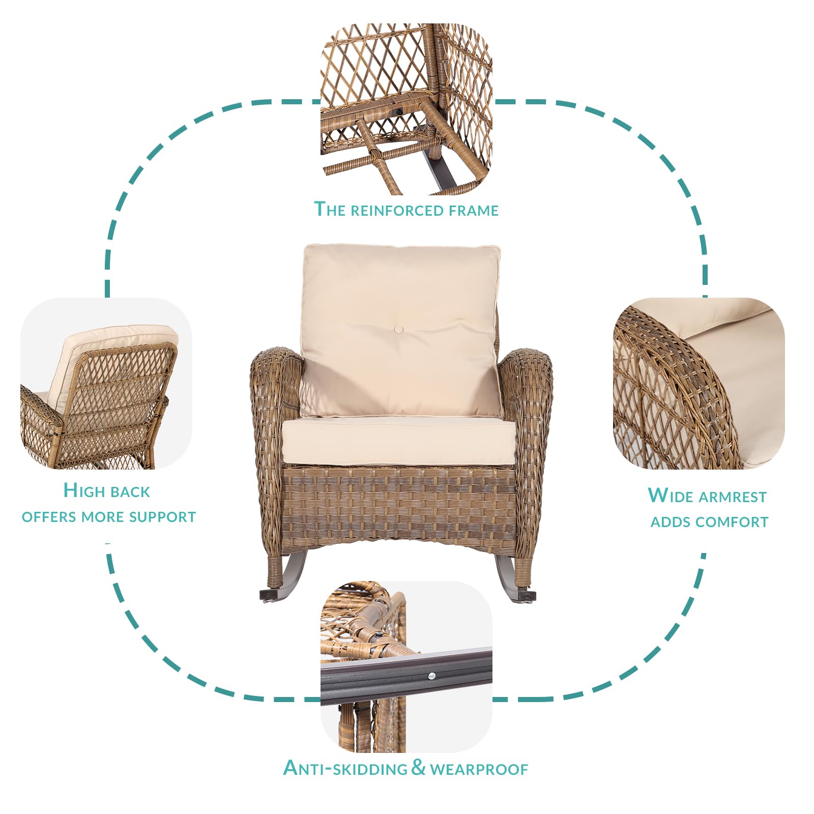MEETWARM 3-Piece Outdoor Wicker Rocking Chair Set with Cushions & Glass-Top Coffee Table - Beige Rattan Patio Conversation Bistro Set for Porch, Backyard, Garden & Poolside Relaxation