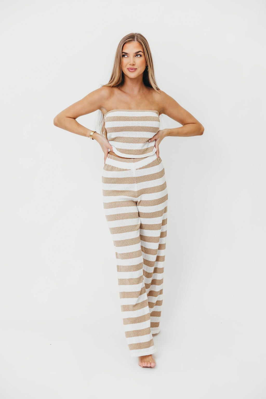 Stylish Anderson Striped Tube Top & Pants Two-Piece Set - Beige/Ivory Outfit for Women | Summer Beachwear, Casual Street Style & Party Outfit