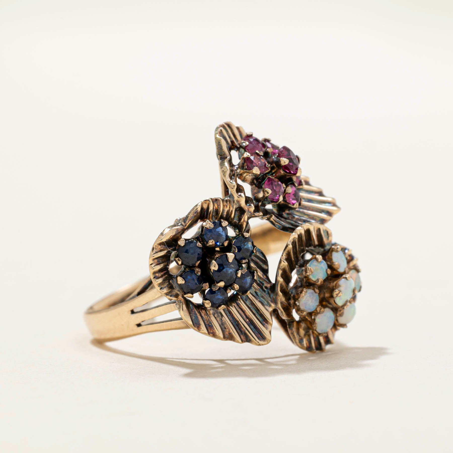 Exquisite Ruby, Sapphire & Opal Cluster Cocktail Ring | 0.90ctw Gemstone Jewelry | Size 8 | Perfect for Evening Parties, Weddings & Special Occasions