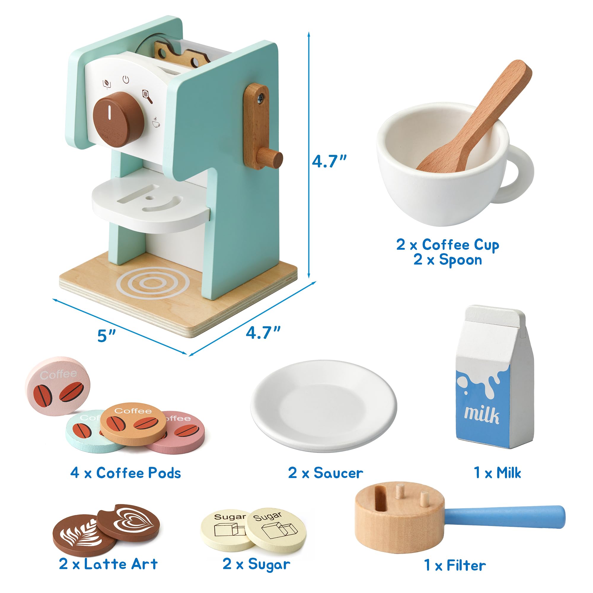**Wooden Coffee Maker Toy Set for Kids - 15-Piece Pretend Play with Grinder, Montessori Wooden Kitchen Accessories - Perfect Gift for Boys & Girls - Great for Role Play & Early Learning**