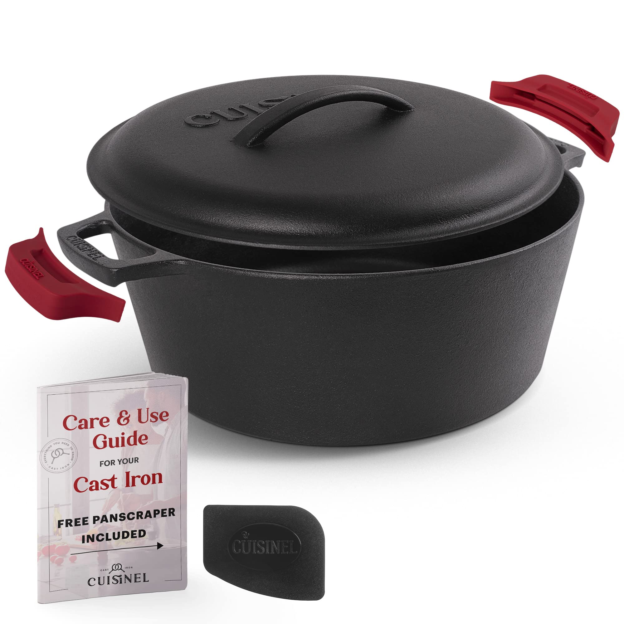 Cuisinel 7-Quart Cast Iron Dutch Oven with Lid - Pre-Seasoned Deep Pot for Baking Bread, Soups, Stews & Frying - Includes Pan Scraper & Handle Covers - Perfect for Indoor Cooking, Outdoor Camping, BBQ & Fire Pit Use - Heavy Duty Kitchen & Camping Cookware