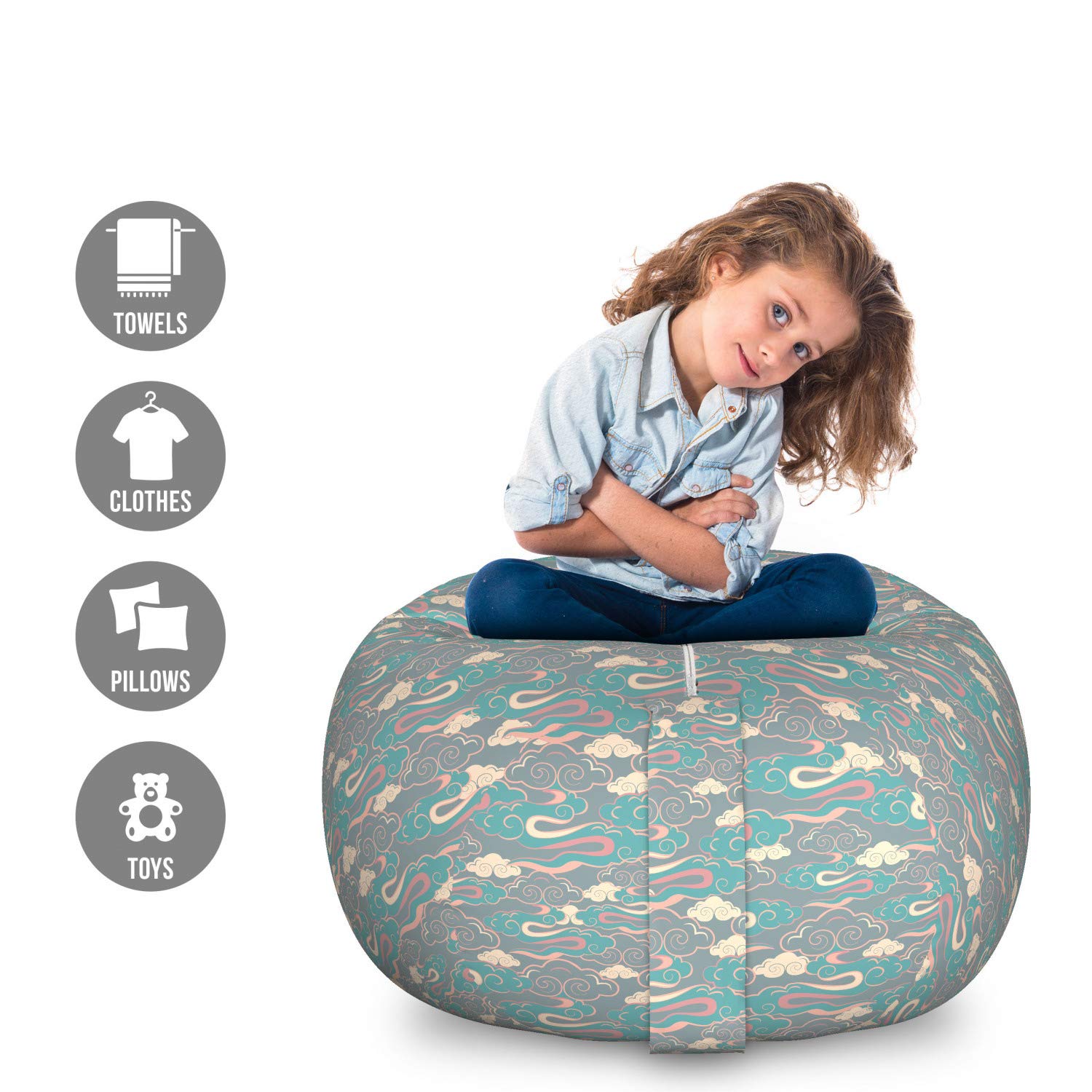 Ambesonne Fantasy Clouds Storage Toy Bag Chair - Large Washable Stuffed Animal Organizer with Dragon Tails Design, Blue Grey Multicolor - Perfect for Kids' Room, Playroom & Nursery Organization