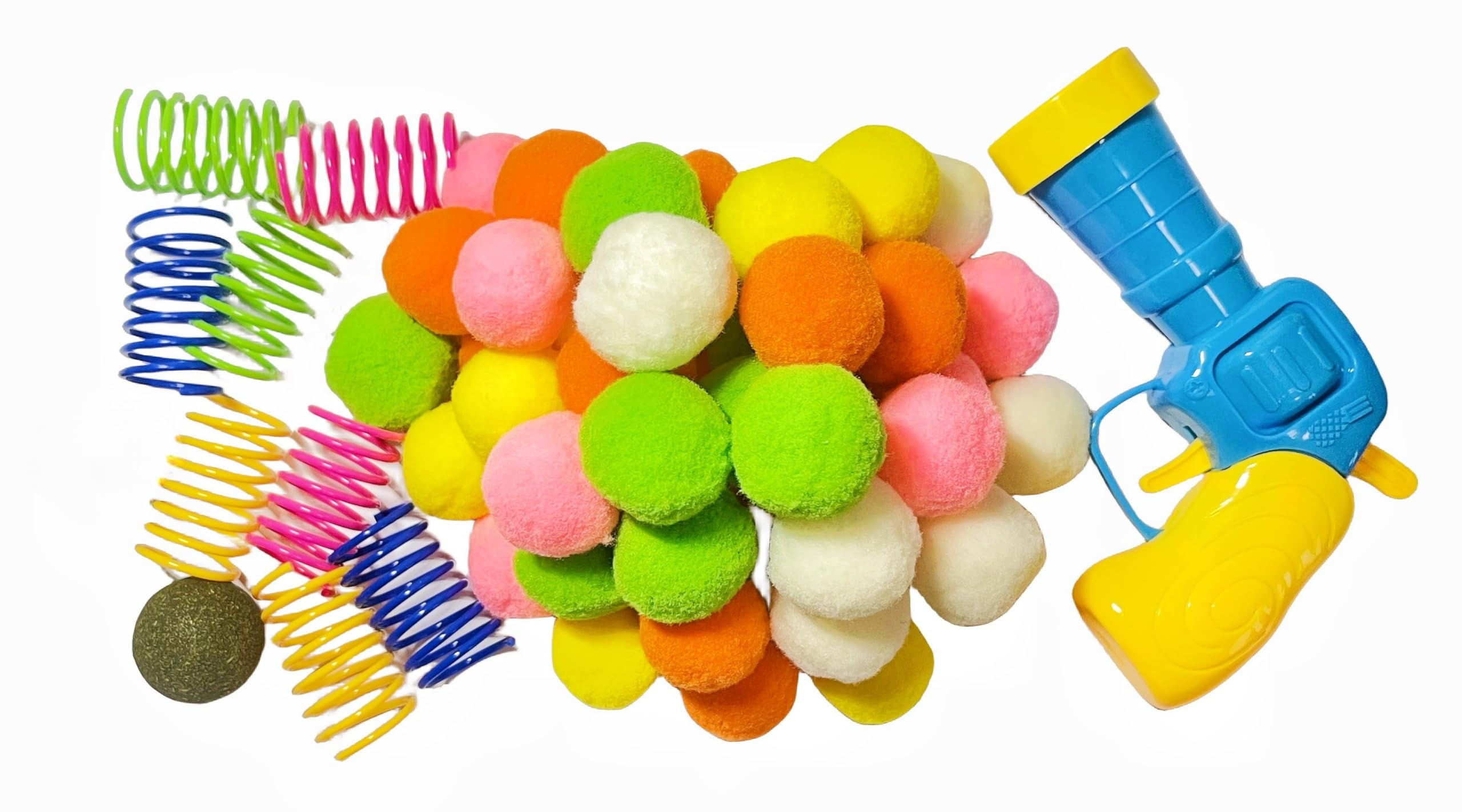 60pcs Cat Toys Set - Colorful Springs, Pompom Balls & Launcher for Interactive Play - Perfect for Indoor Exercise, Chase Games & Bonding with Your Feline Friend