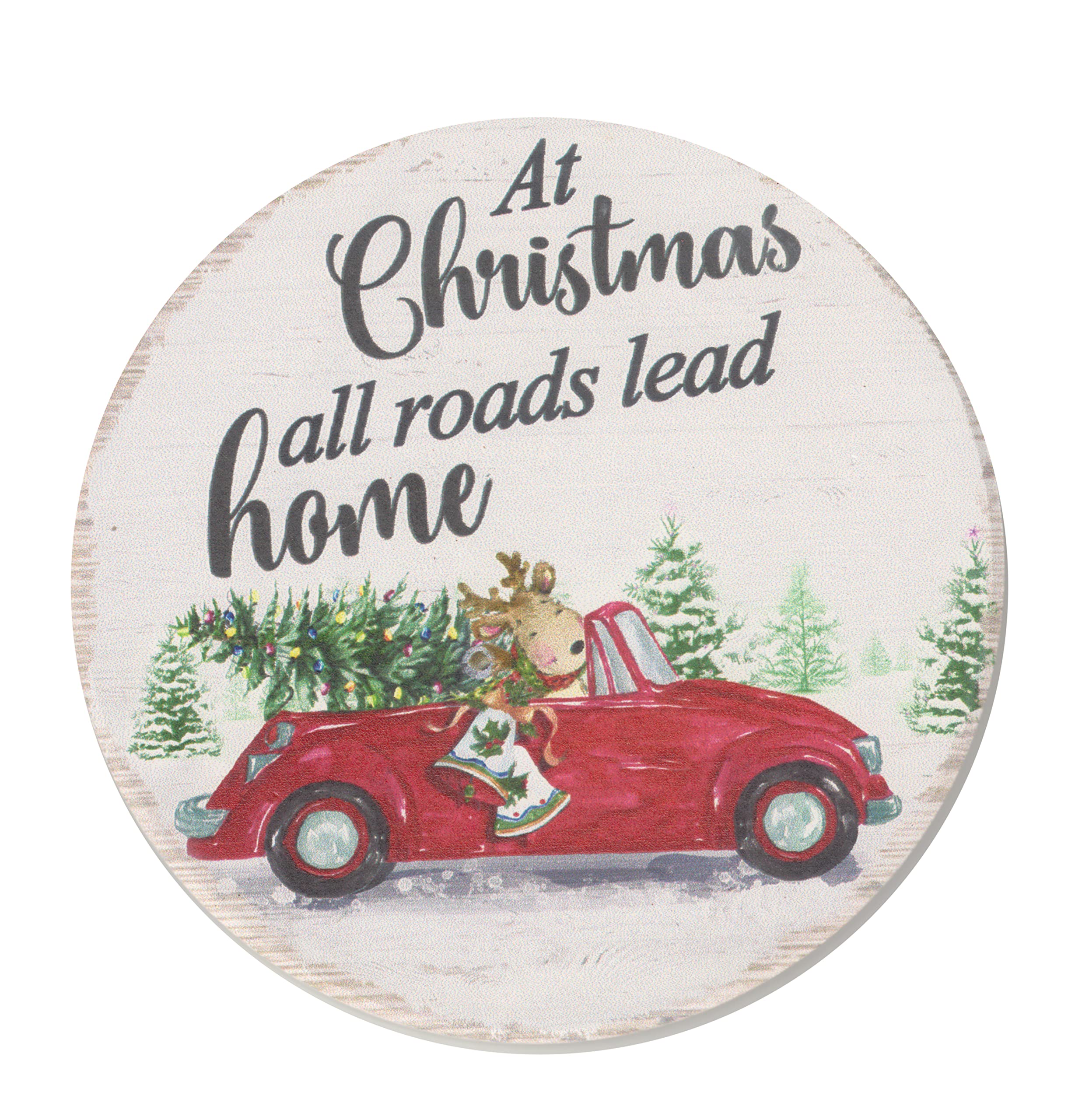 Christmas Ceramic Coasters Set of 4 - Red Truck & Car Holiday Theme with Cork Backing - 3.75 Inch Round Drink Coasters Featuring Festive Phrases & Scenes - Perfect for Holiday Parties, Home Decor & Gift Giving