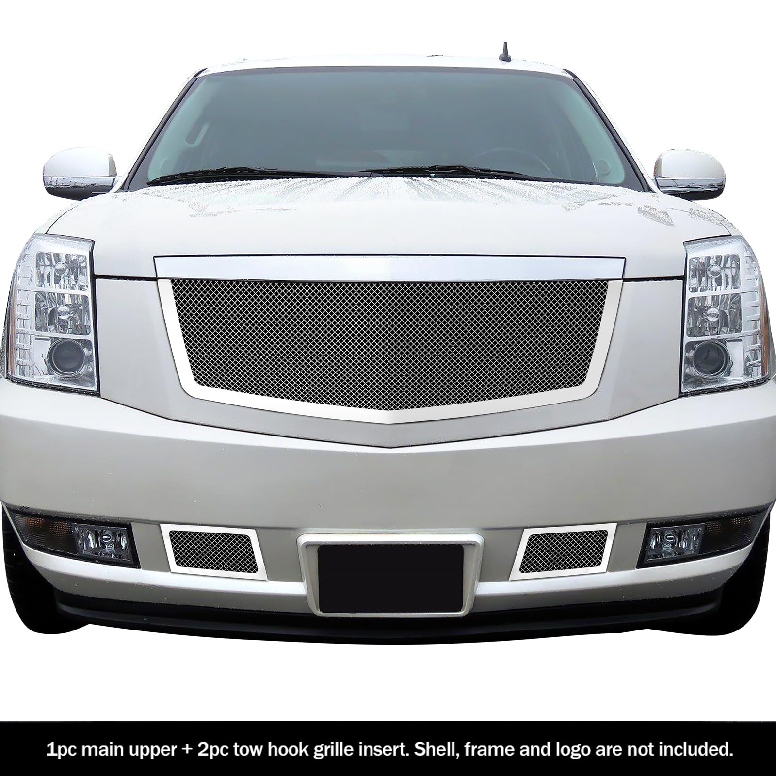 APS Compatible with Cadillac Escalade 2007-2014 Stainless Steel Chrome Main Upper Tow Hook & Mesh Front Grille Insert Combo A77740T - Perfect for Off-Roading, Car Shows & Custom Upgrades