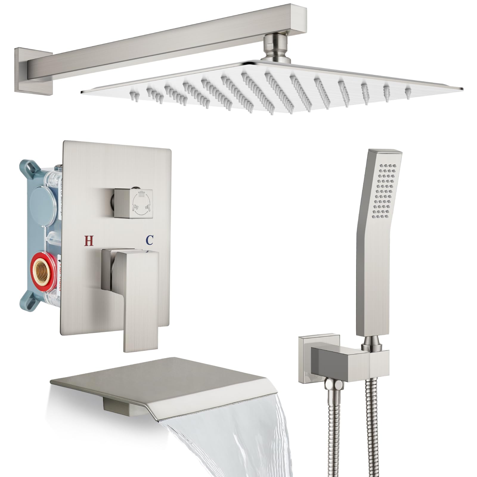 Gotonovo 12 Inch Brushed Nickel Rain Shower Faucet System Set - Rainfall Shower Head with Handheld Sprayer, Waterfall Tub Spout & Wall Mounted Mixer Combo (Includes Rough-in Valve & Trim) - Perfect for Modern Bathroom Renovations & Spa-Like Shower Experience