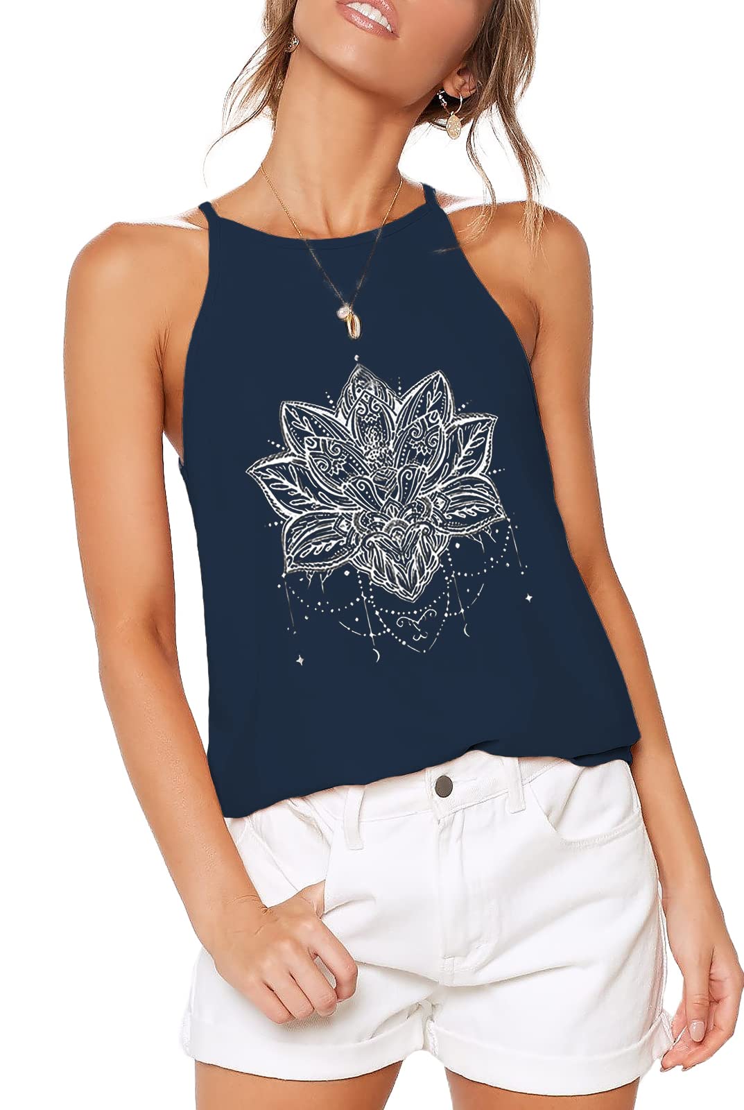 THANTH Women's Sleeveless Halter Neck Tank Top - High Neck Summer Cami Tee for Casual Wear, Beach Outings & Vacation Outfits