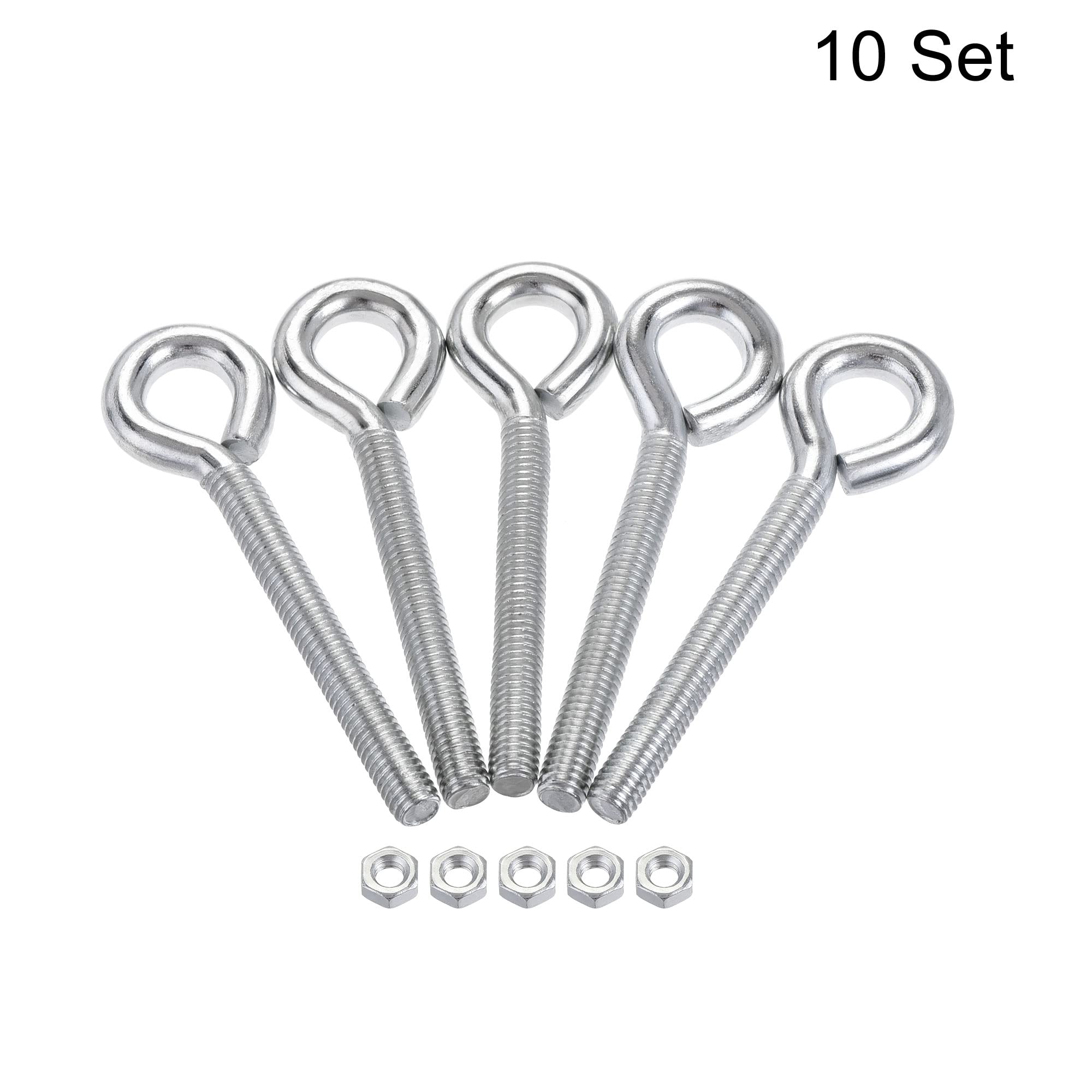 uxcell M6x50mm Eye Hooks Screws Bolts Kit - 10pcs Carbon Steel Hanger Eyelet Hooks with Hex Nuts - Heavy Duty Metal & Wood Terminal Ring Hooks for Hanging Plants, Shelves, and DIY Projects
