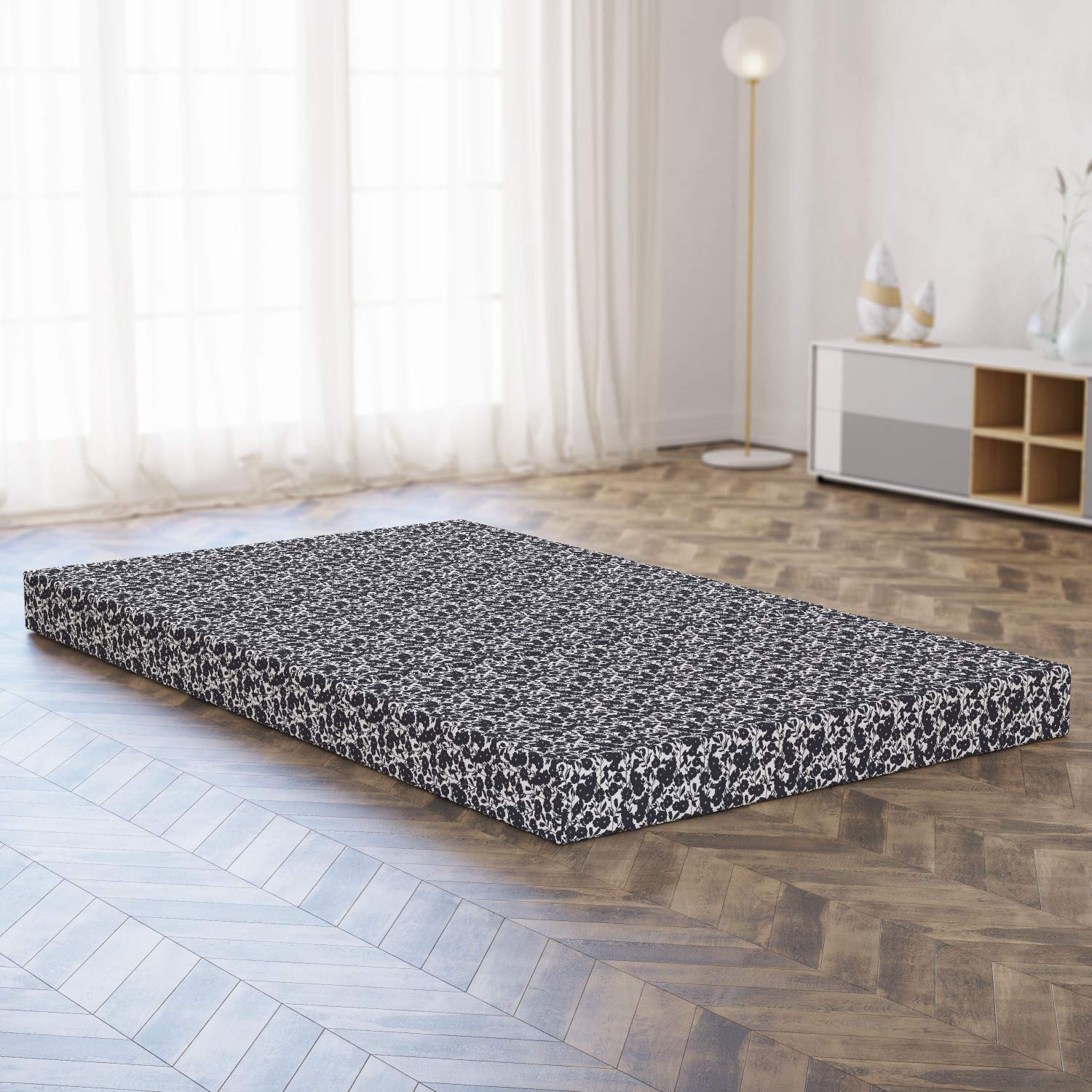 Ambesonne Black and White Foldable Mattress with Gardening Flowers Print, 78.7