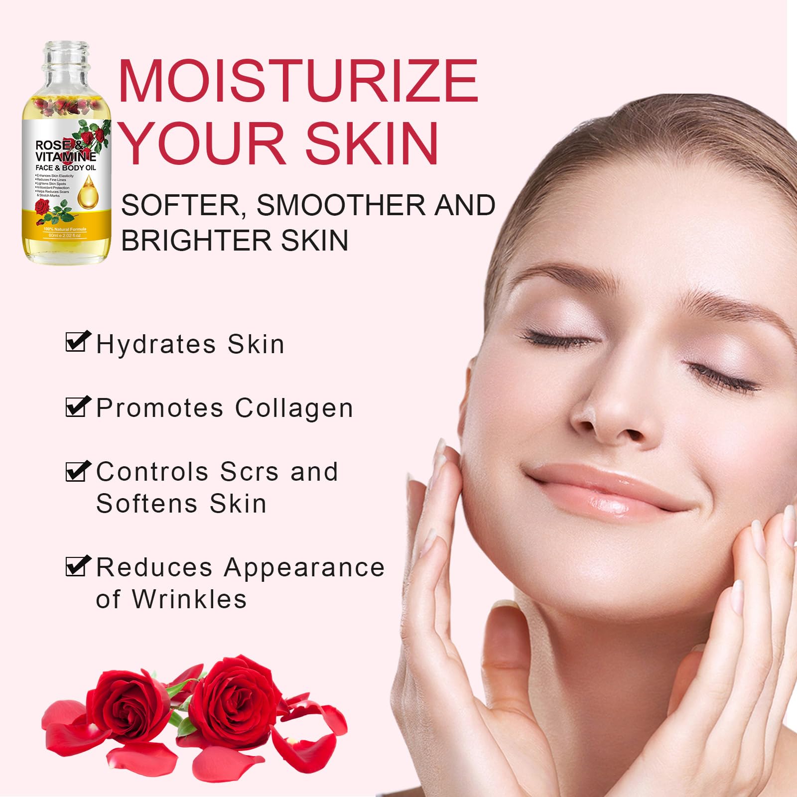 Organic Vitamin E Oil with Rose Oil for Face & Skin Care - 2 Fl Oz | Hydrating Moisturizer for Dry Skin, Anti-Aging & Night Routine