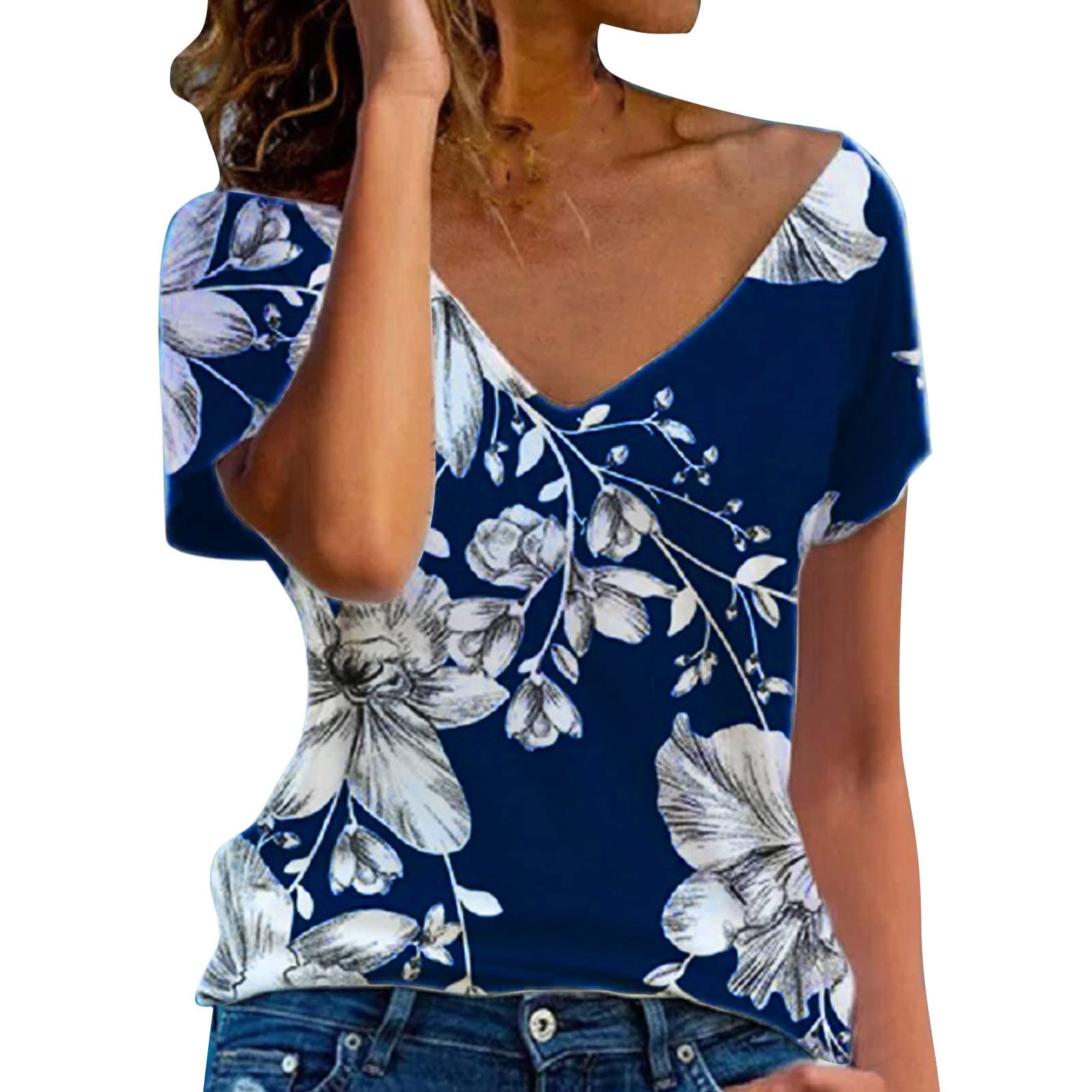 Women's Floral Printed V-Neck Short Sleeve T-Shirt - Casual Loose Fit Summer Tunic Top (Navy, Small) | Perfect for Beach Outings, Weekend Wear & Vacation Style