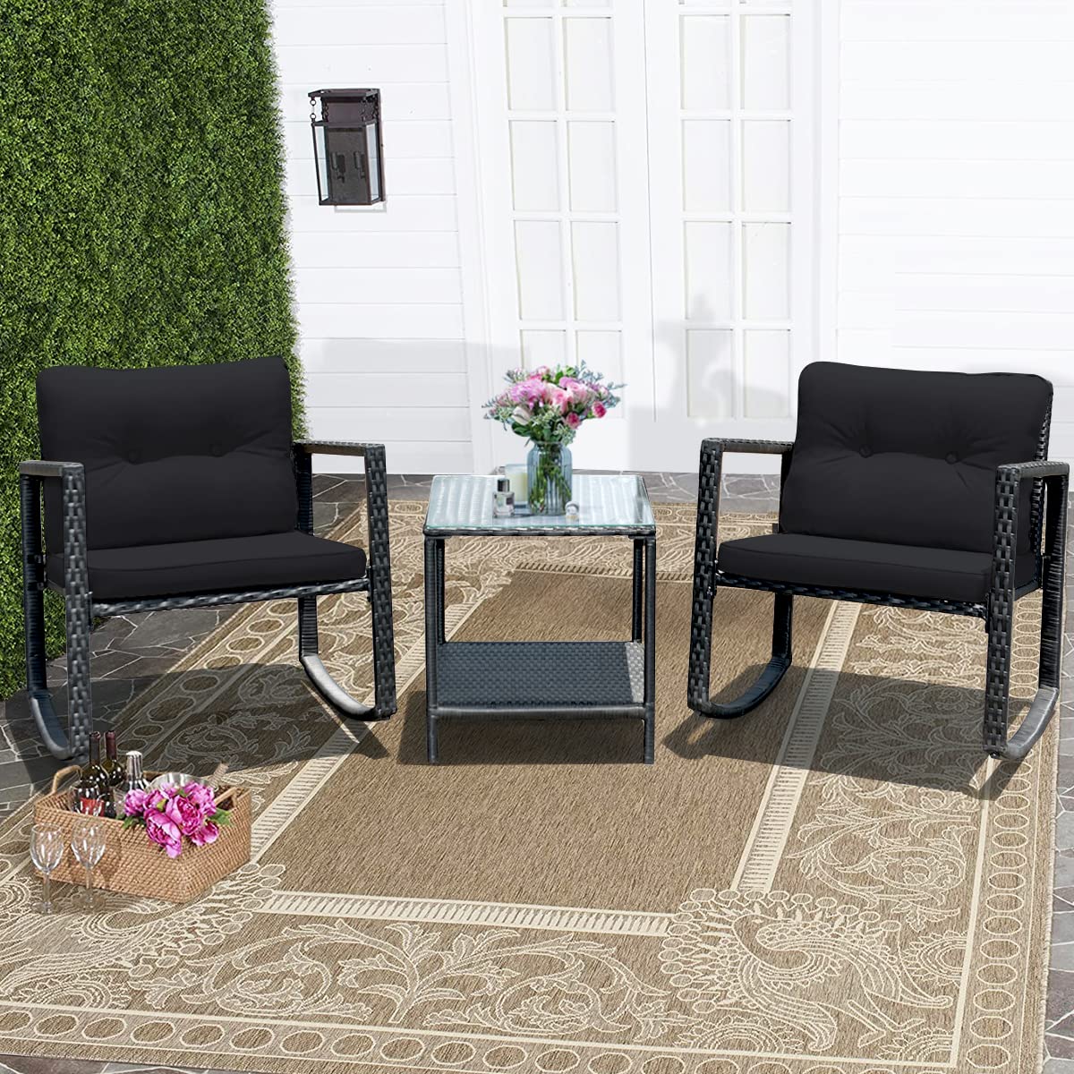 Tangkula 3-Piece Outdoor Wicker Rocking Bistro Set with Cushioned Seats, Glass Coffee Table & Storage Shelf - Black Patio Furniture for Garden, Porch or Backyard Relaxation
