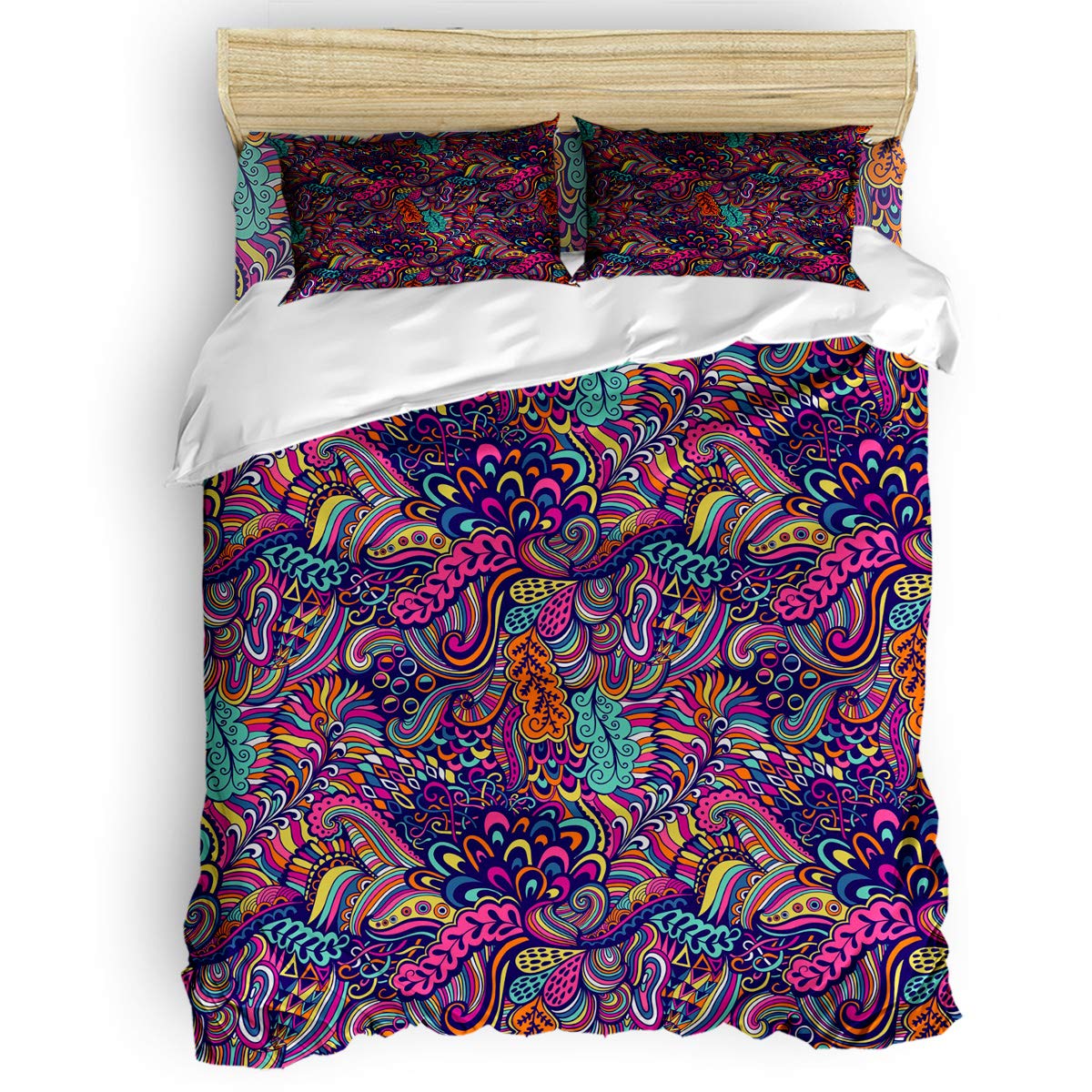 **Boho Psychedelic Printed Duvet Cover Set 4-Piece King Size - Includes Duvet Cover, Fitted Sheet & Pillowcases - Soft Trippy Art Decor Bedding for Adults & Kids - Perfect for Bohemian & Hippie Style Bedrooms**