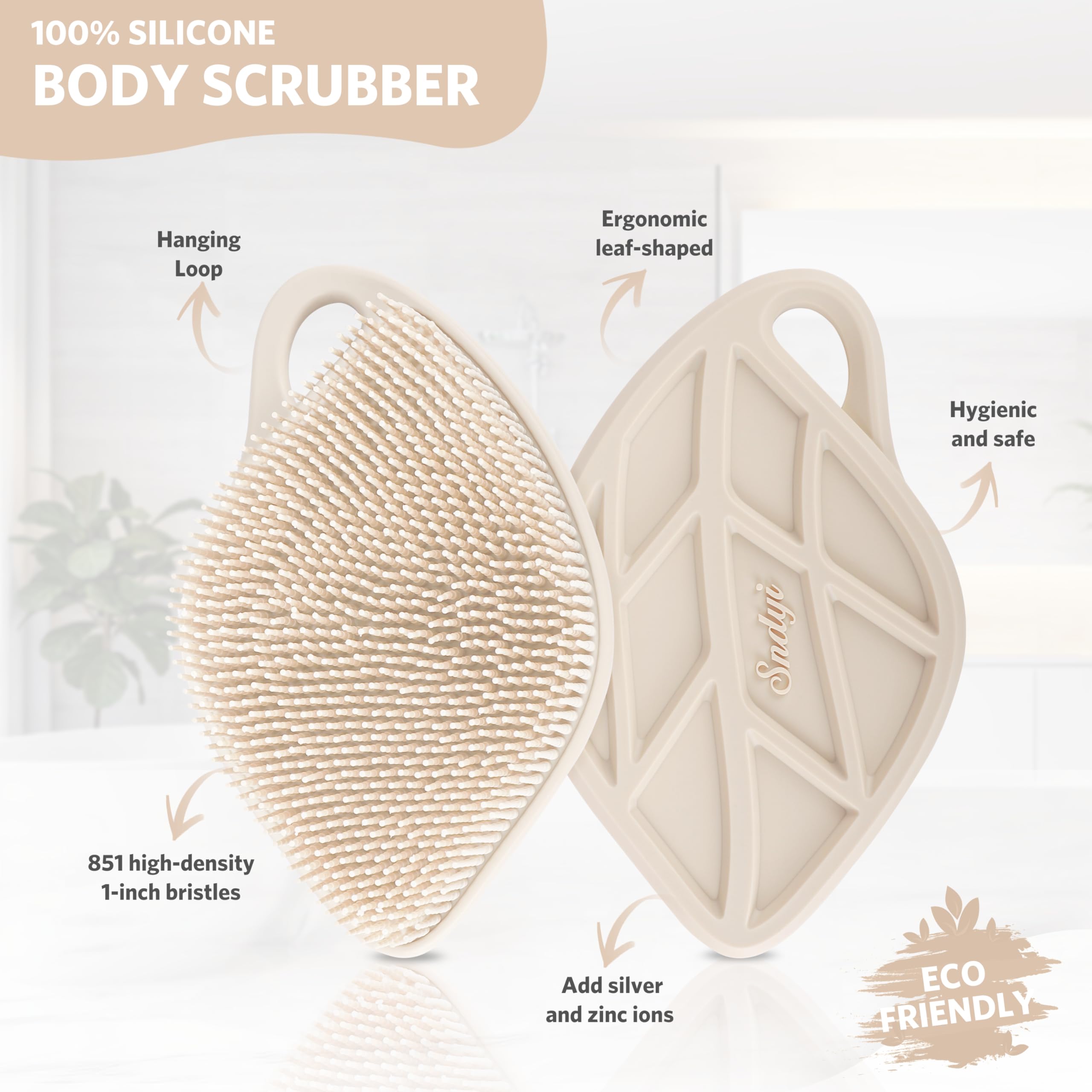 Sndyi Silicone Body Scrubber for Sensitive Skin - Gentle Exfoliating Shower Brush with Lathering Bristles, Leaf Shaped Silicone Loofah for Body & Back Cleansing - Perfect for Oatmeal Scrubs & Spa Day Self Care
