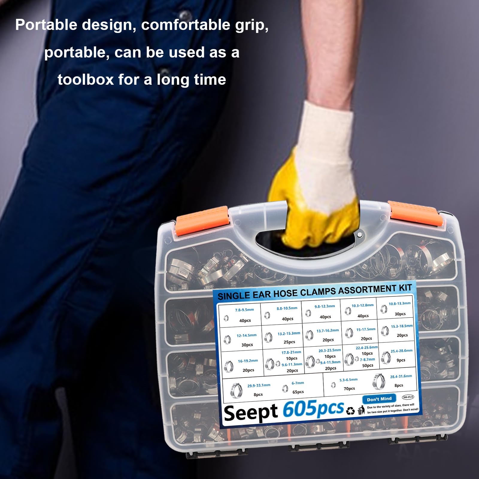 605Pcs 22 Sizes 304 Stainless Steel Single Ear Hose Clamps Assortment Kit (5.3-33.1mm) - Perfect for Automotive, Home Appliance, Water Pipe & Fuel Line - Stepless Crimp Clamps for Secure Leak-Proof Connections