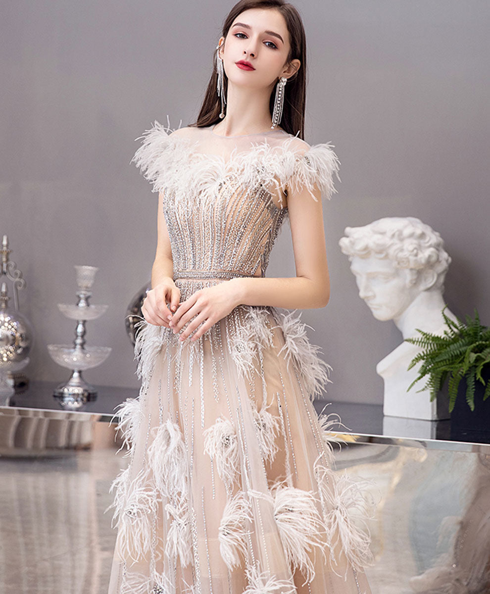 Elegant Champagne Tulle Beaded Long Prom Dress - Formal Evening Gown for Women | Perfect for Homecoming, Wedding Guest & Special Occasions