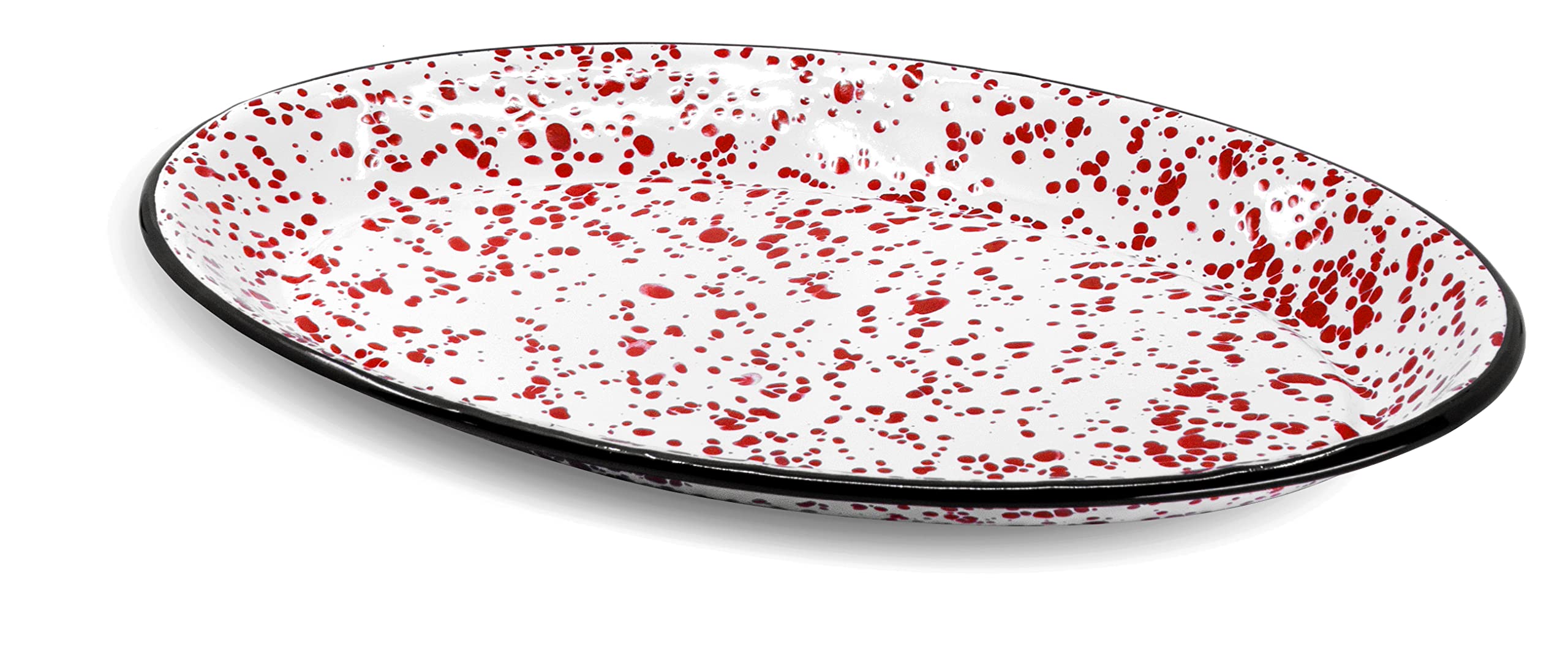 Red Co. Enamelware 13-Inch Oval Serving Tray - Classic Red Marble & Black Rim Splatter Design | Durable Metal Platter for Entertaining, Buffets & Home Decor